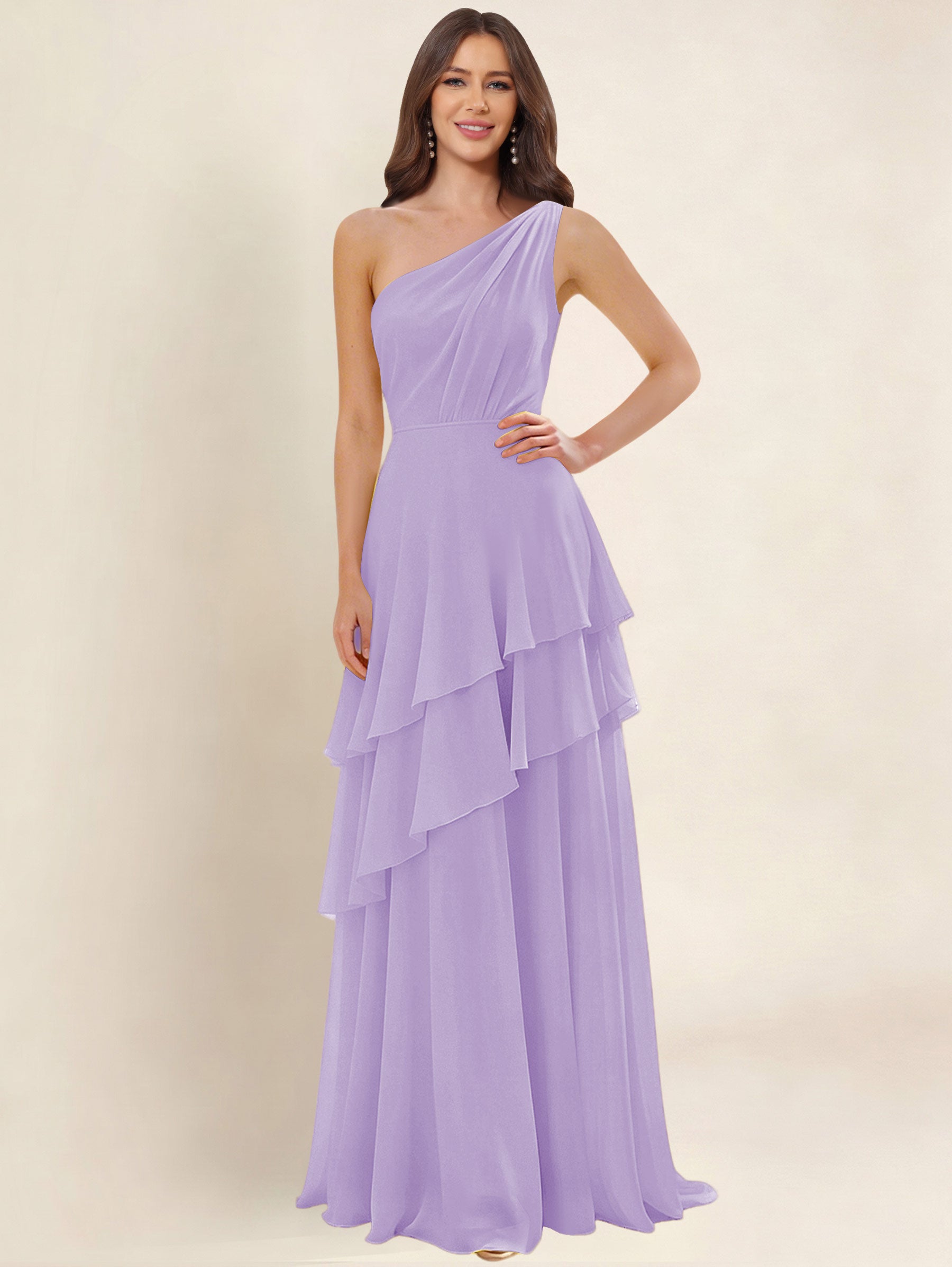 ROVDESY A-Line One Shoulder Pleated Tiered Chiffon Bridesmaid Dress
