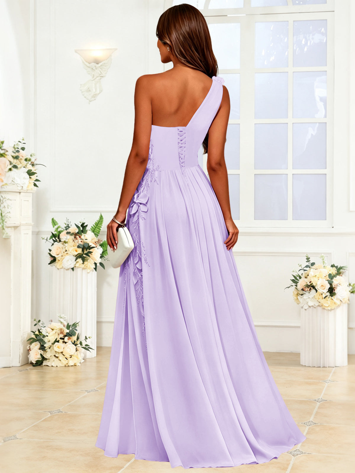 One Shoulder 3D Flower Chiffon Bridesmaid Dress with Slit