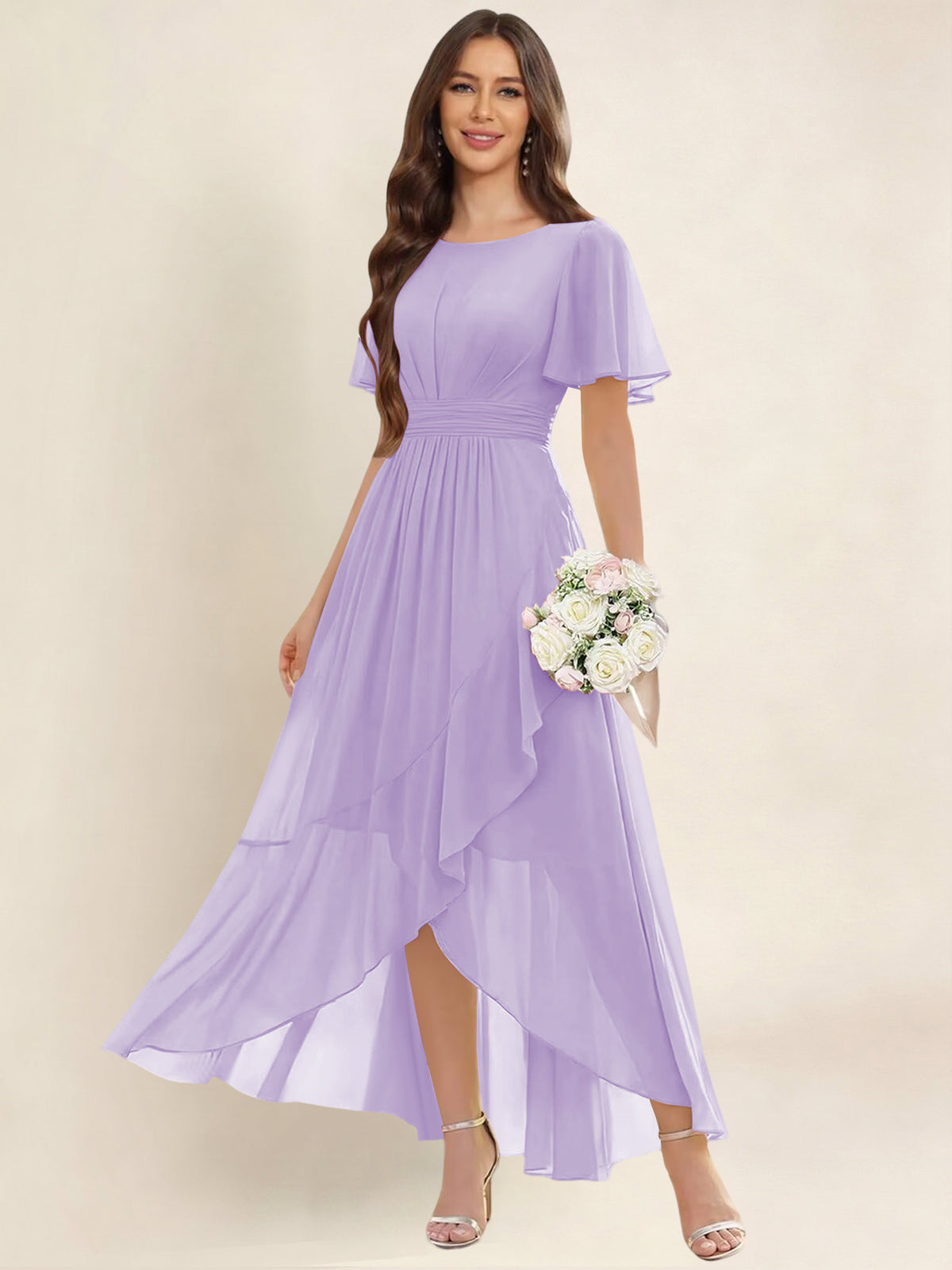 ROVDESY A-Line High Low Round Neck Pleated Ruffle Chiffon Bridesmaid Dress With Short Sleeves