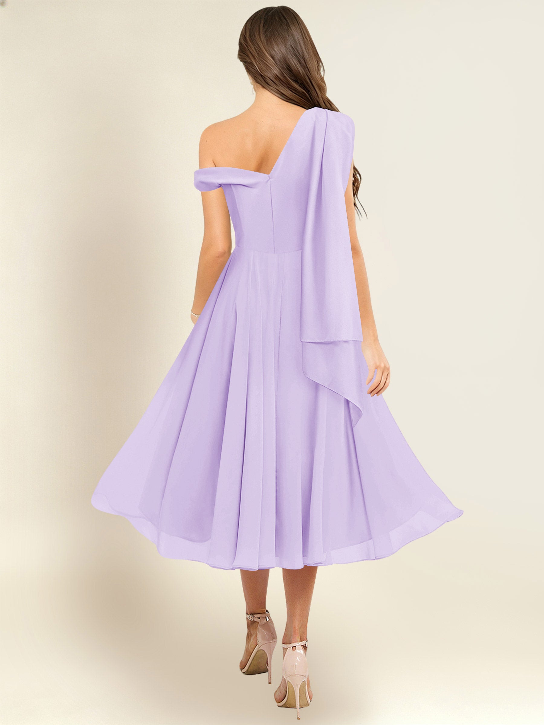 ROVDESY A-Line One Shoulder Pleated Chiffon Bridesmaid Dress With Flowing Sash