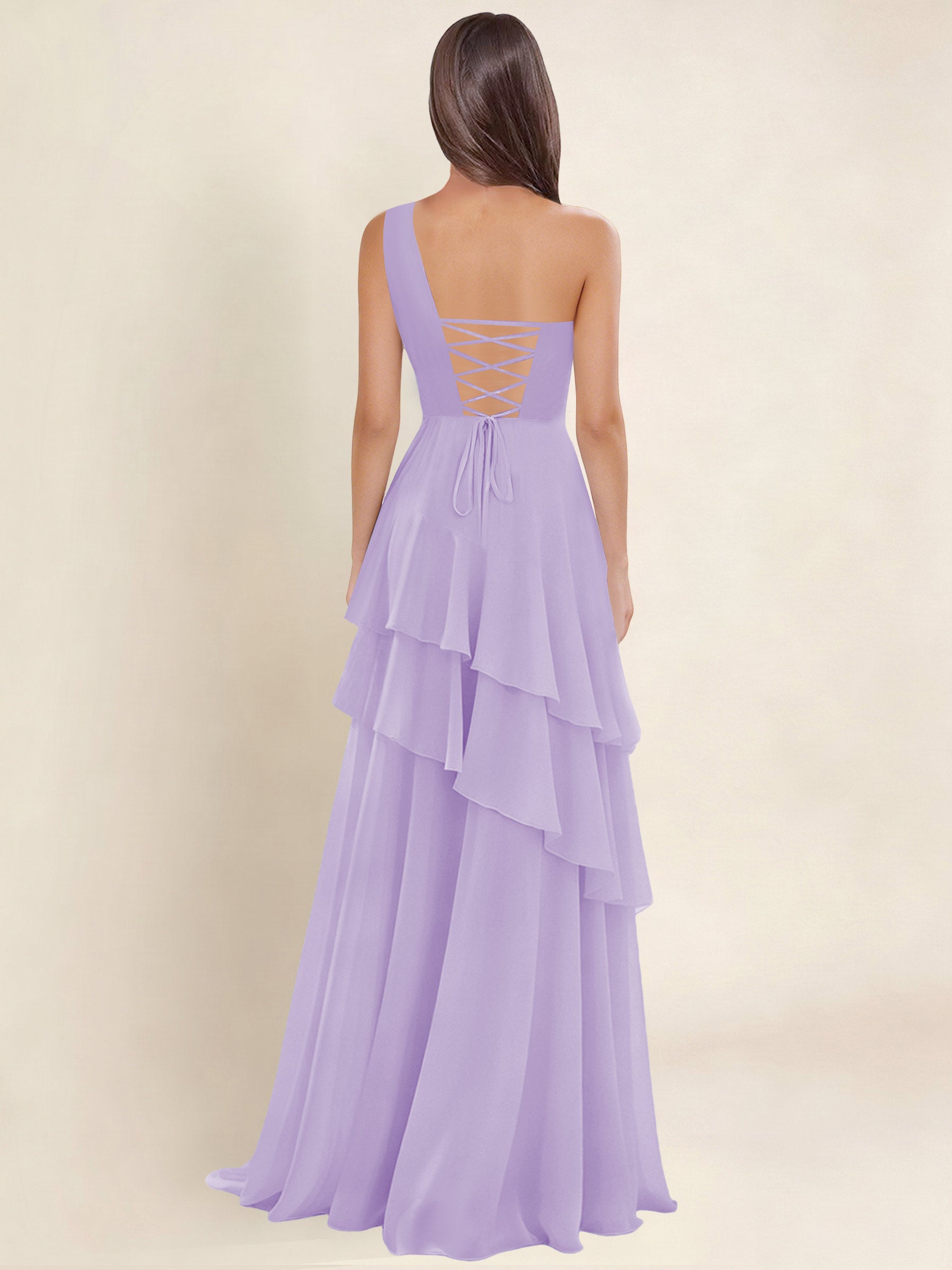 ROVDESY A-Line One Shoulder Pleated Tiered Chiffon Bridesmaid Dress