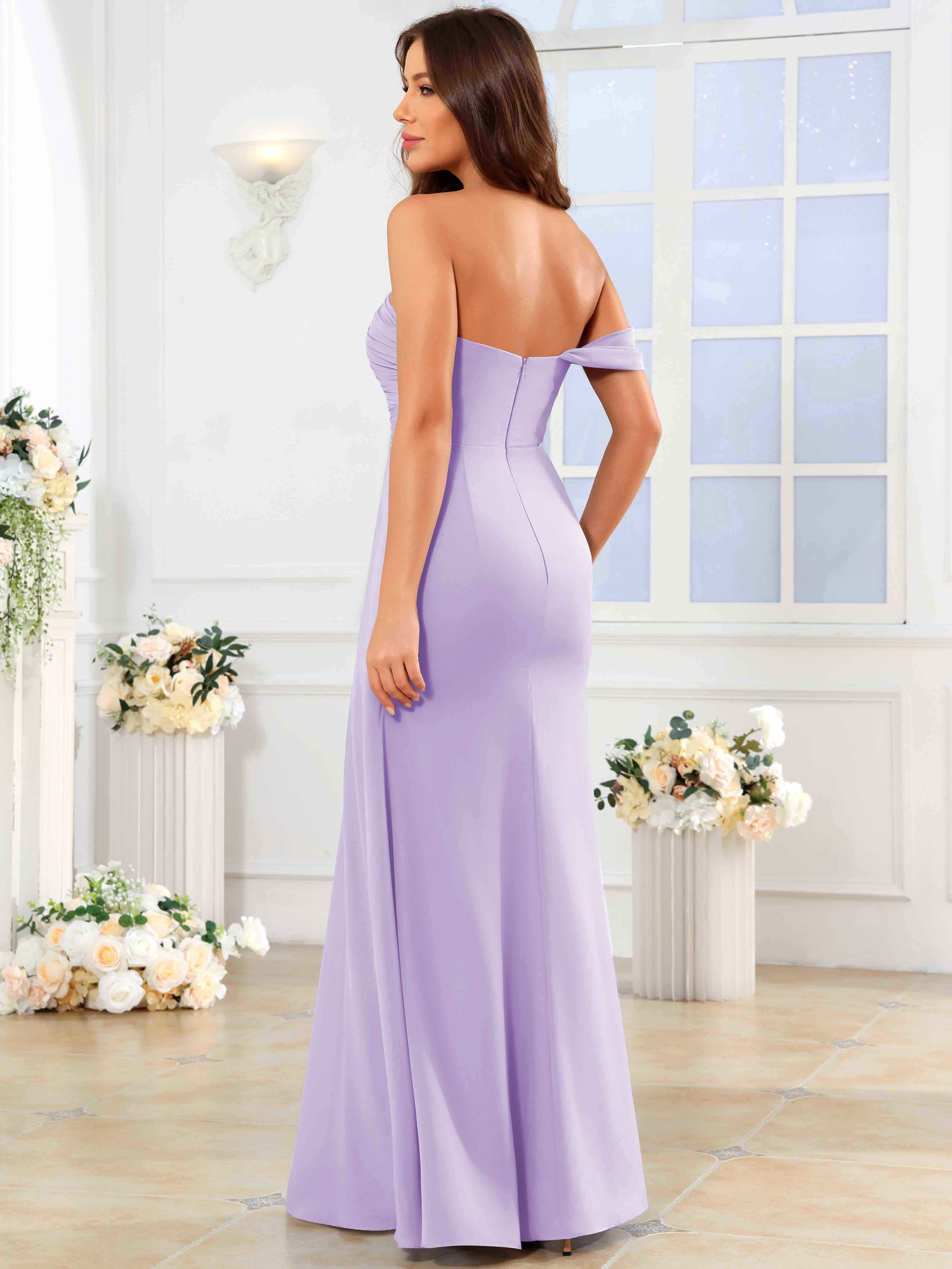 ROVDESY One Shoulder Off The Shoulder Pleated Chiffon Bridesmaid Dress