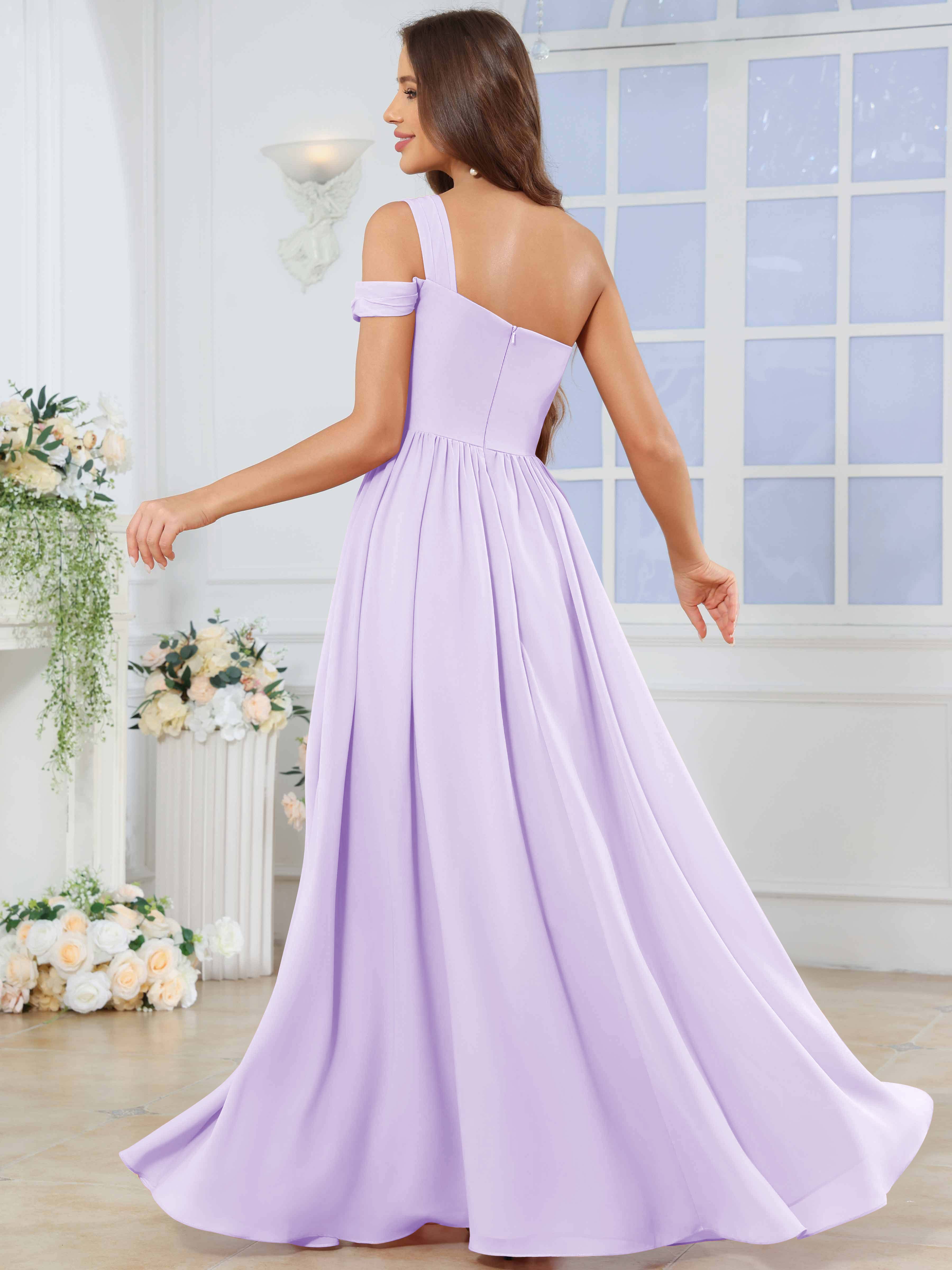 ROVDESY One Shoulder Pleated Chiffon Bridesmaid Dress With Slit