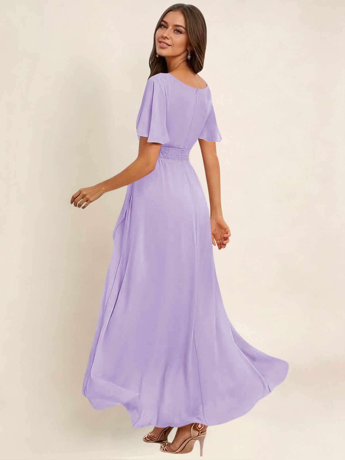 ROVDESY A-Line High Low Round Neck Pleated Ruffle Chiffon Bridesmaid Dress With Short Sleeves