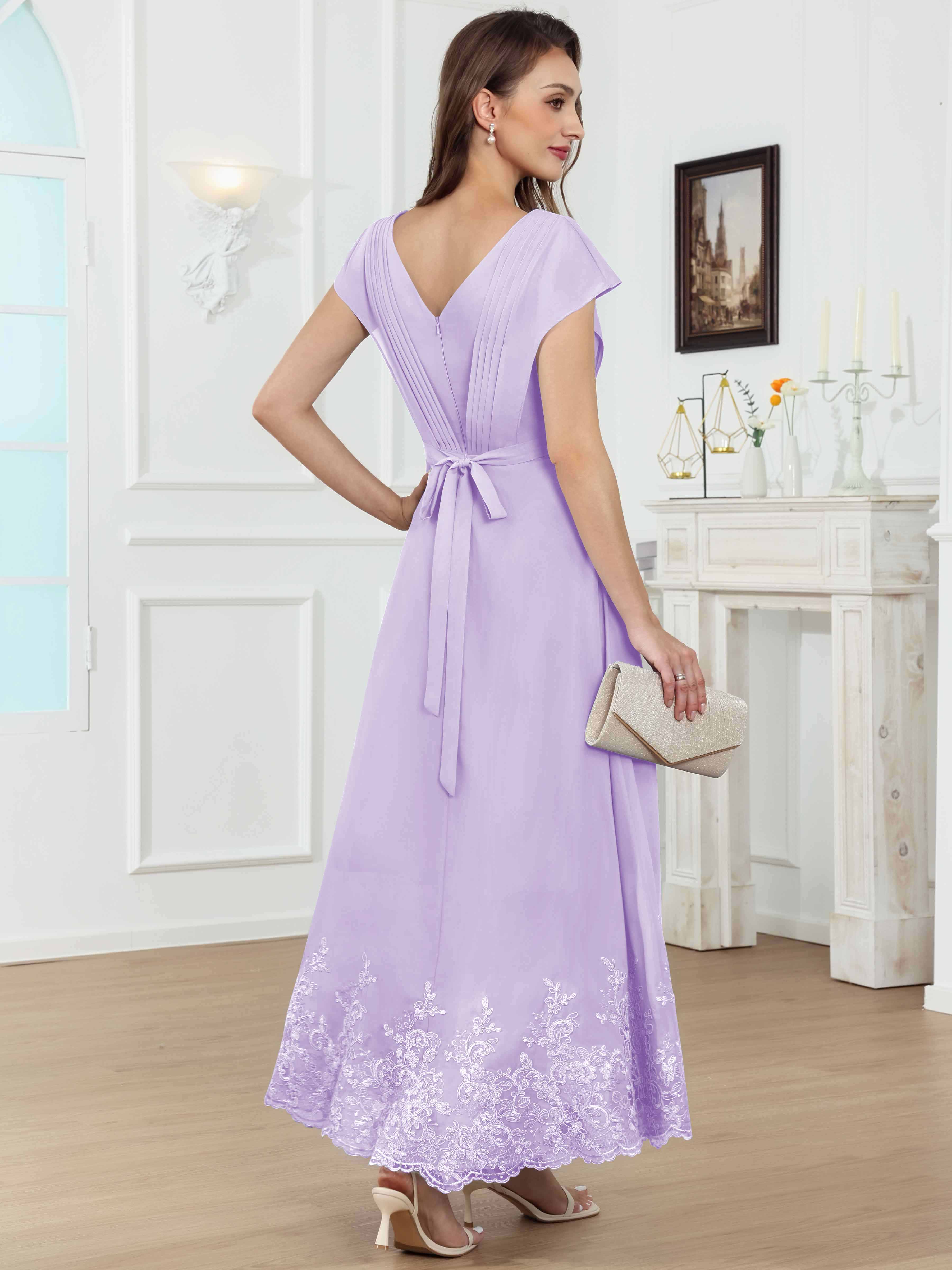 ROVDESY Tea Length High-Low V-Neck Ruched Lace Chiffon Mother of The Bride Dress for Women