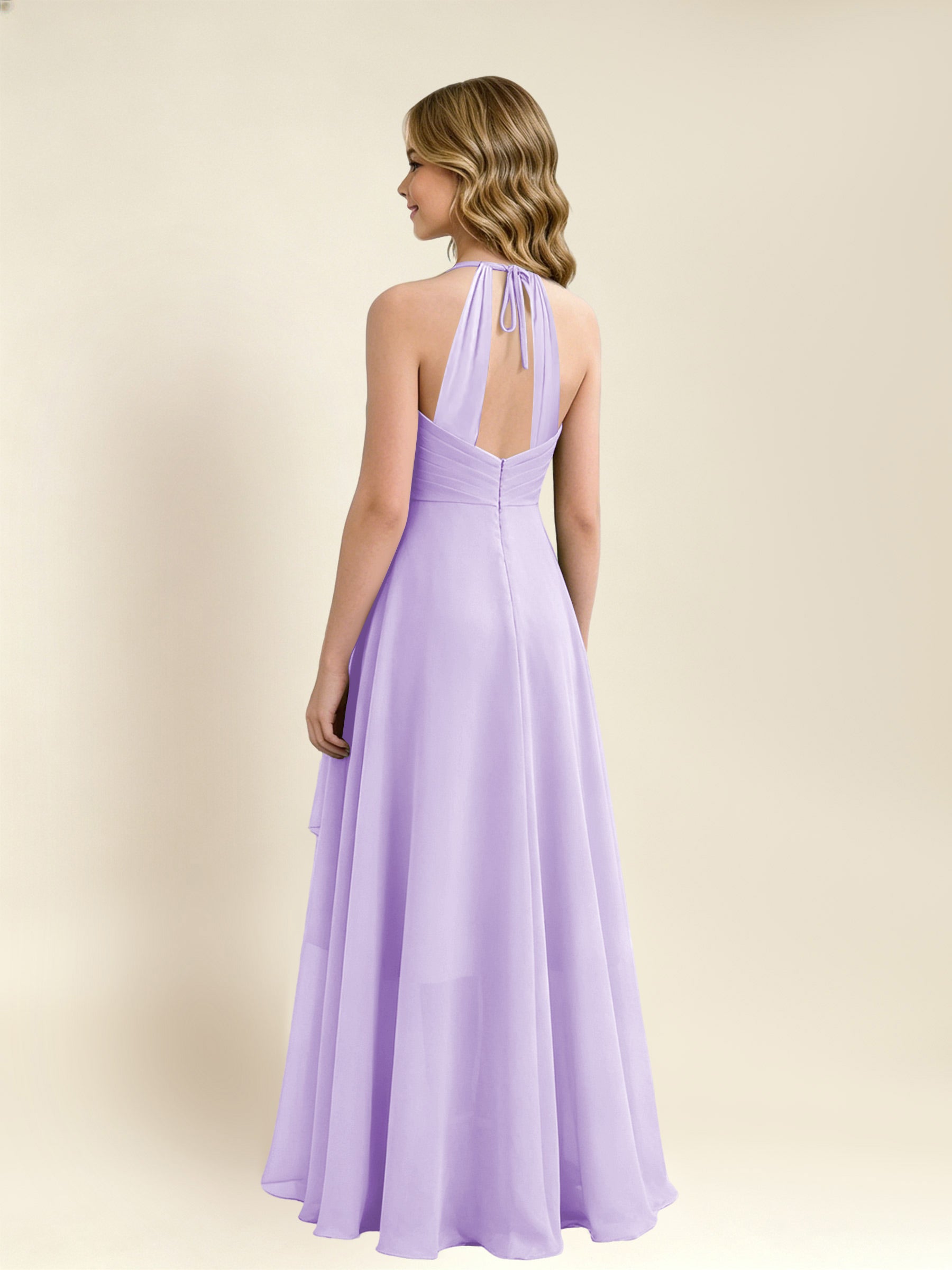 ROVDESY A-Line Halter Pleated Chiffon Junior Bridesmaid Dress