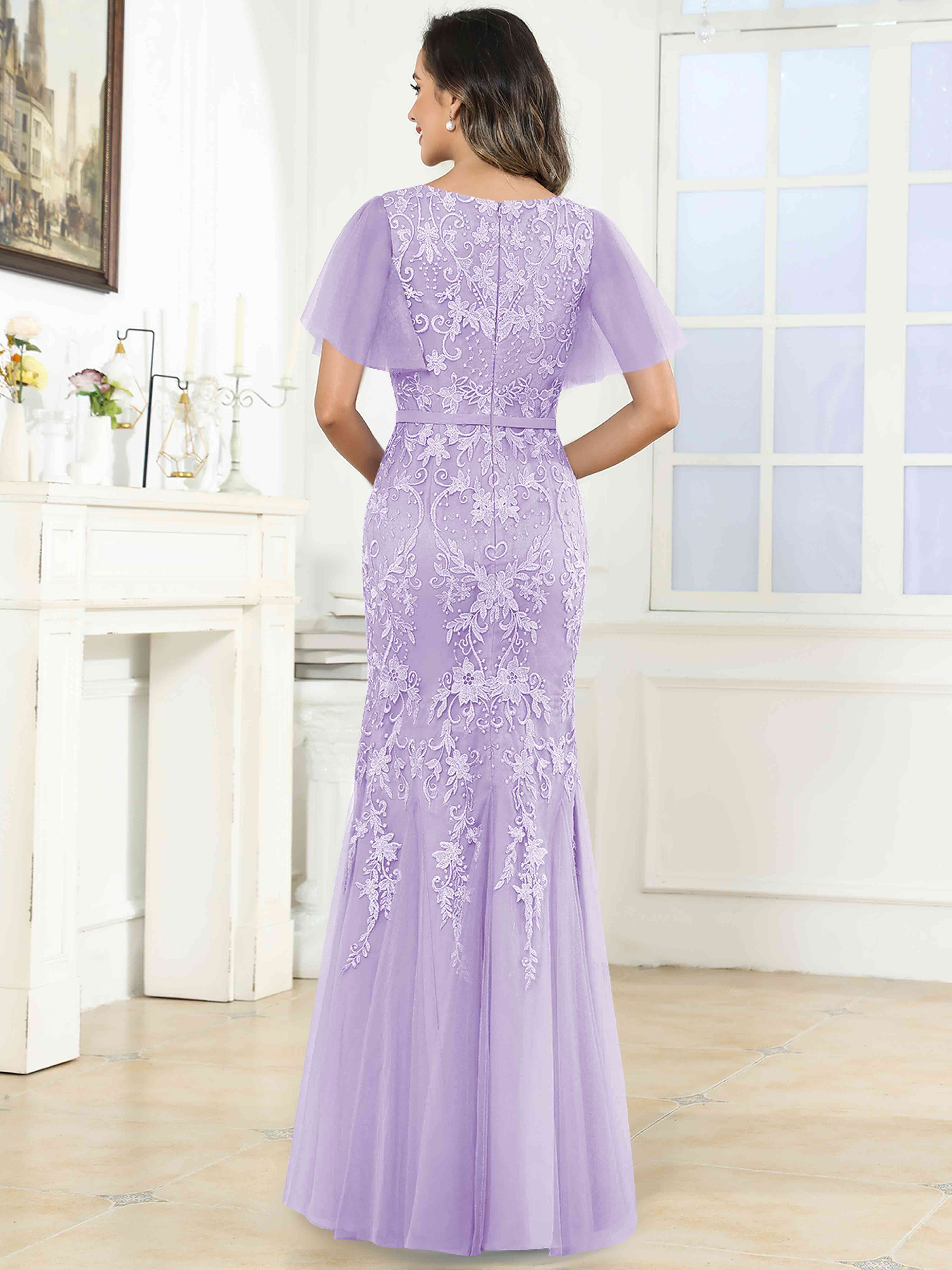 ROVDESY Elegant V-Neck Lace Mermaid Long Mother Of The Bride Dress Formal Gown With Sleeves