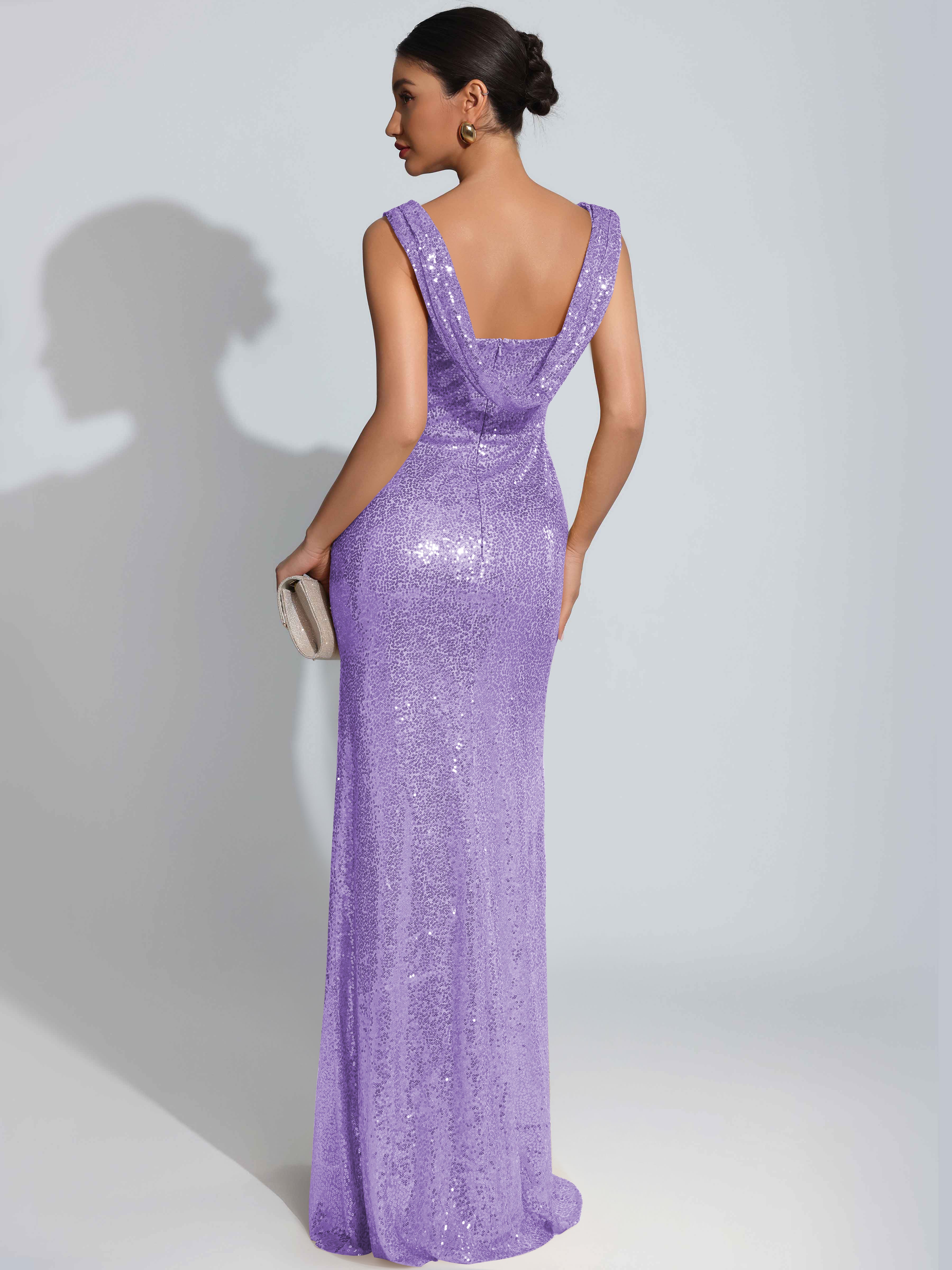 ROVDESY Sparkly Bateau Mermaid Ruched Sequin Long Prom Dress with Slit