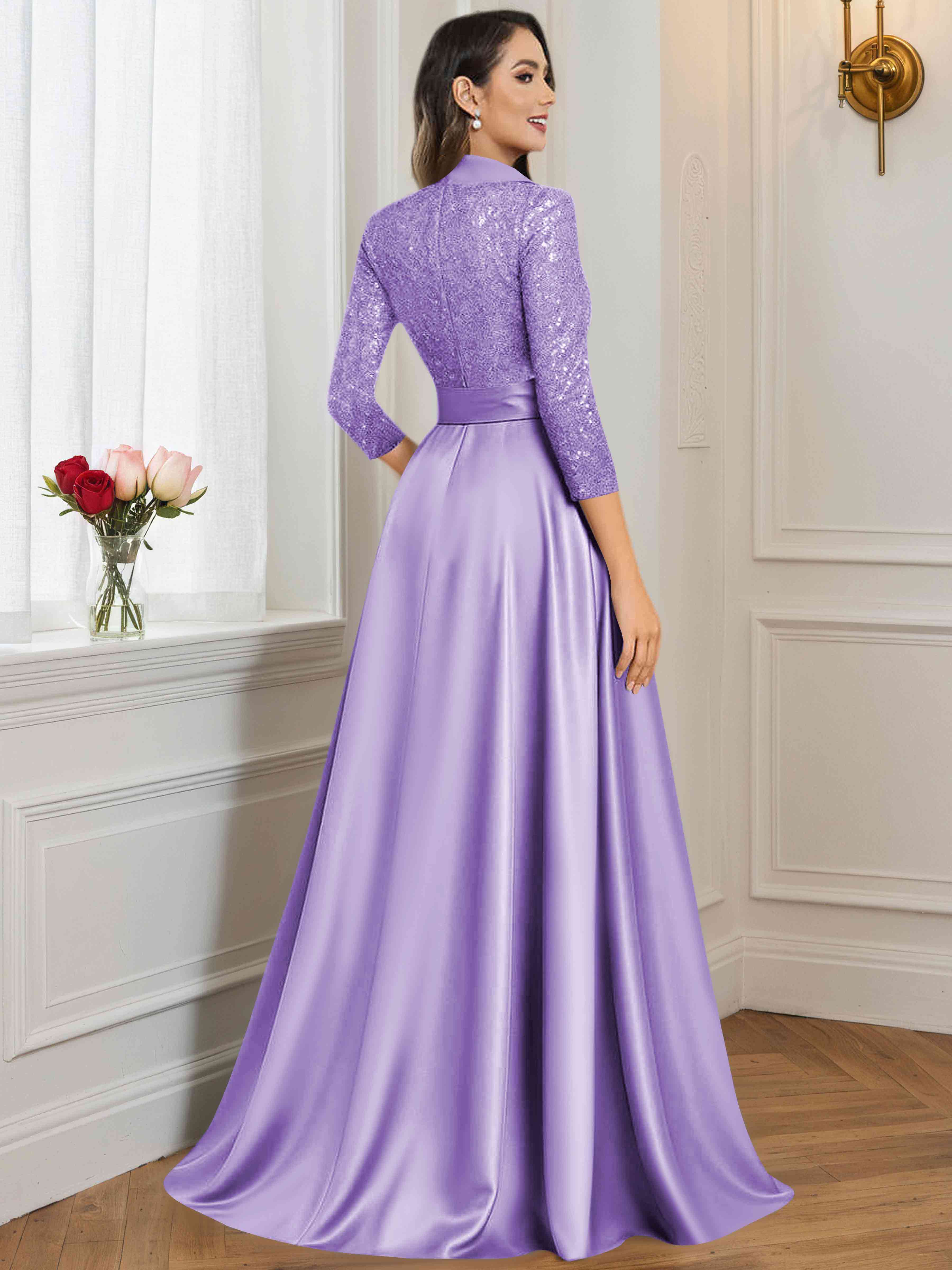 ROVDESY A-Line V Neck Sequin Satin  Long Mother of The Bride Dress Formal Gown With 3/4 Sleeves