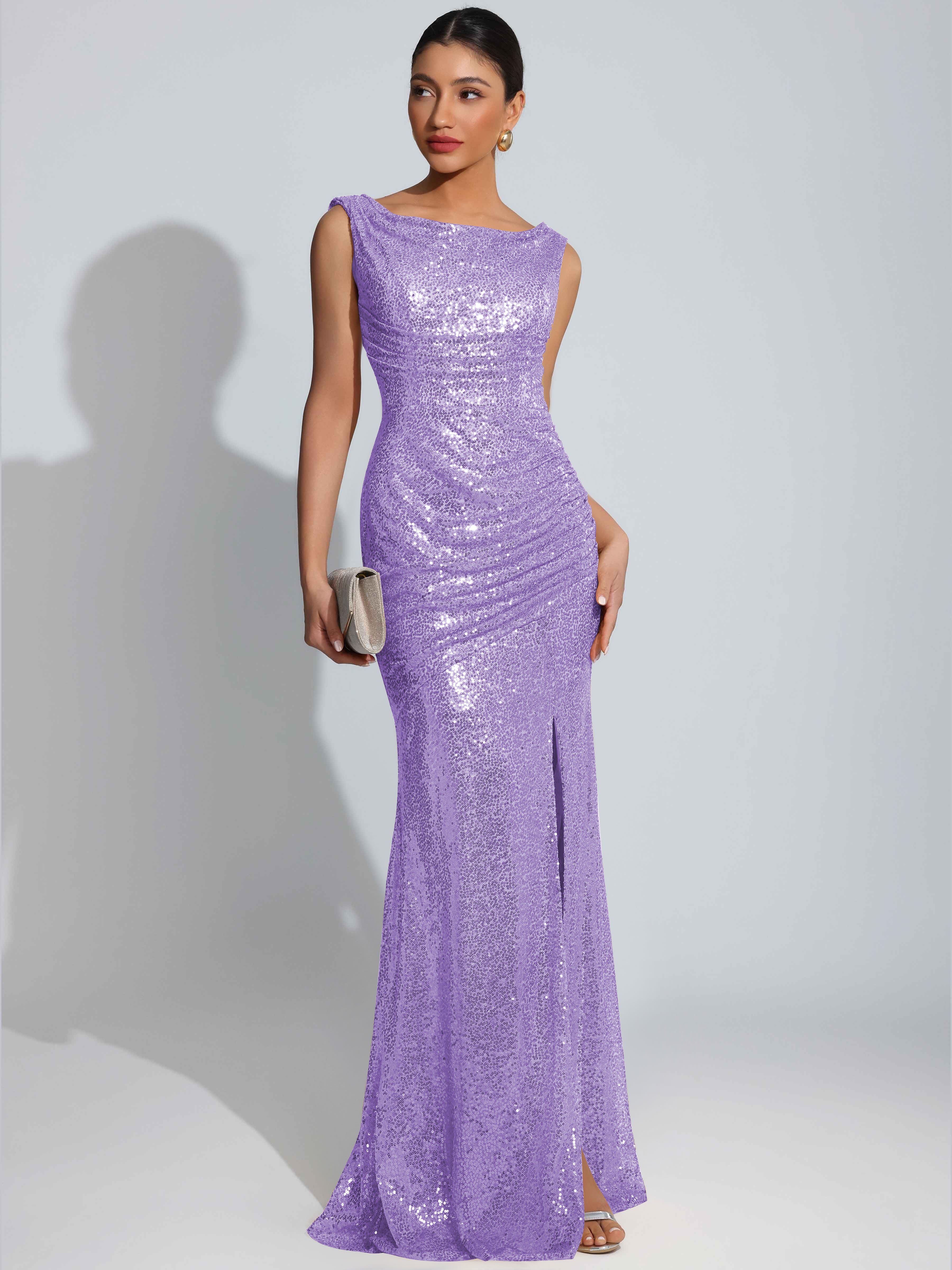ROVDESY Sparkly Bateau Mermaid Ruched Sequin Long Prom Dress with Slit