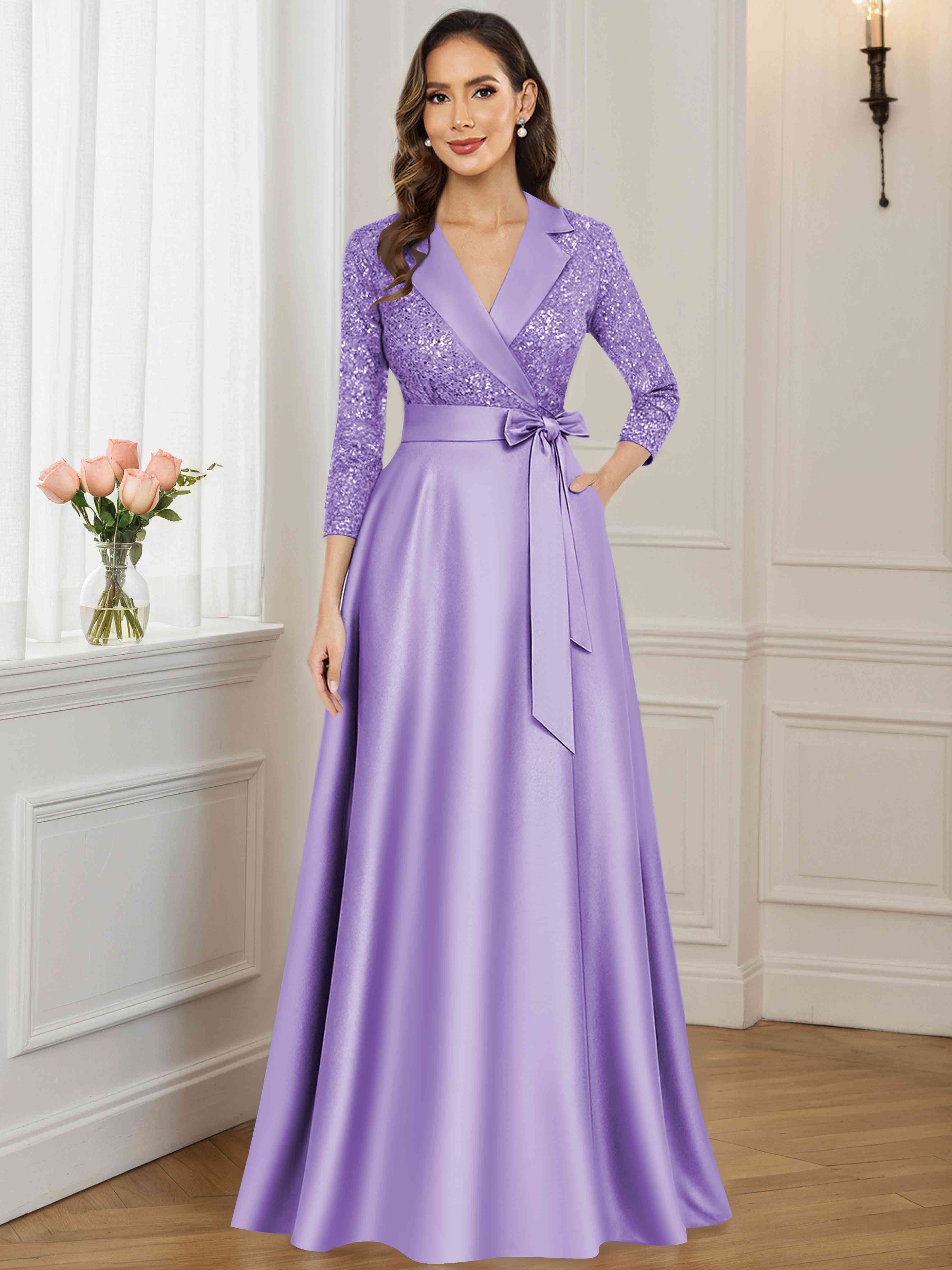ROVDESY A-Line V Neck Sequin Satin  Long Mother of The Bride Dress Formal Gown With 3/4 Sleeves