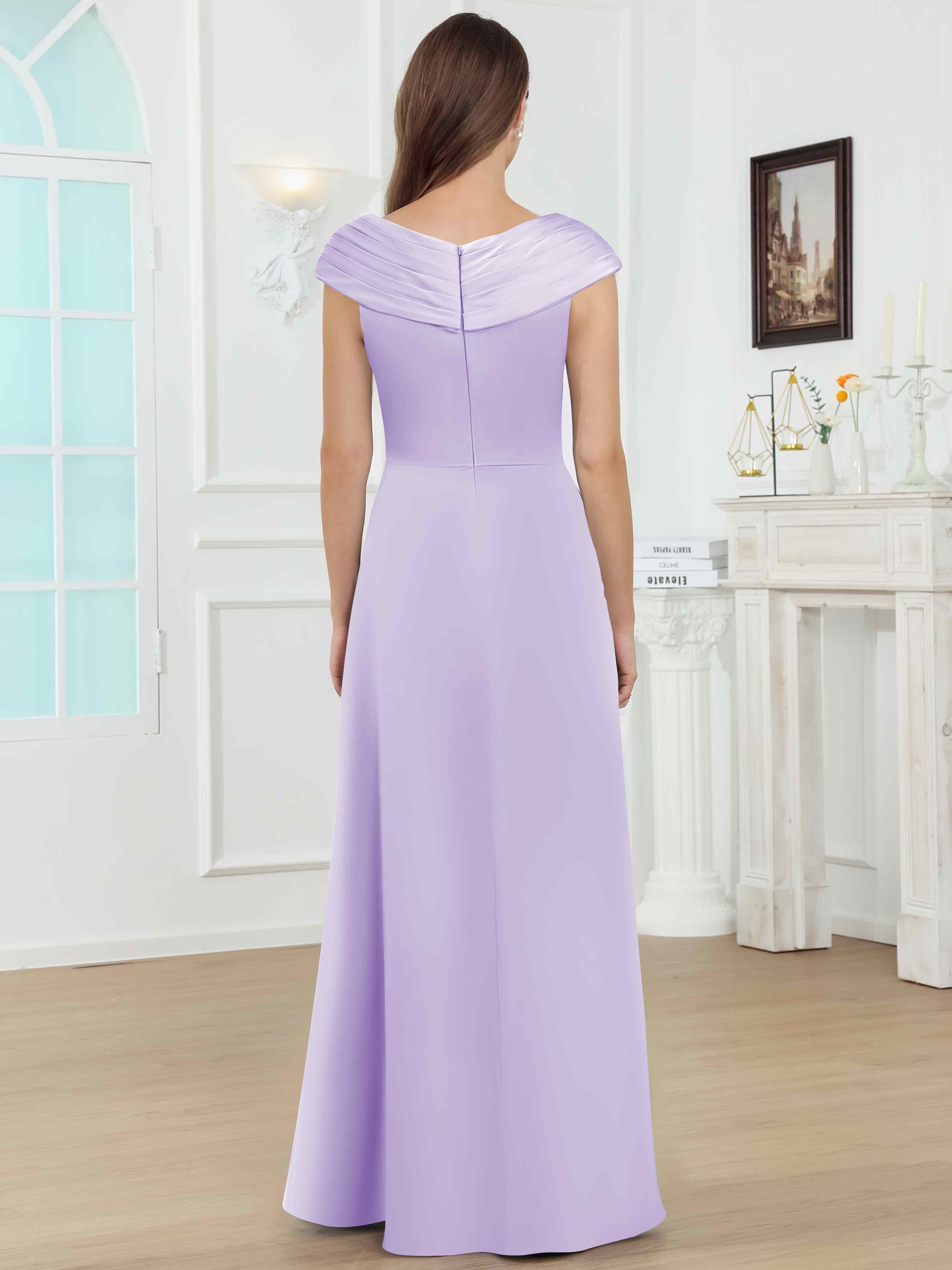 ROVDESY V-Neck Off The Shoulder Pleated Satin Mother Of The Bride Dress With Slit