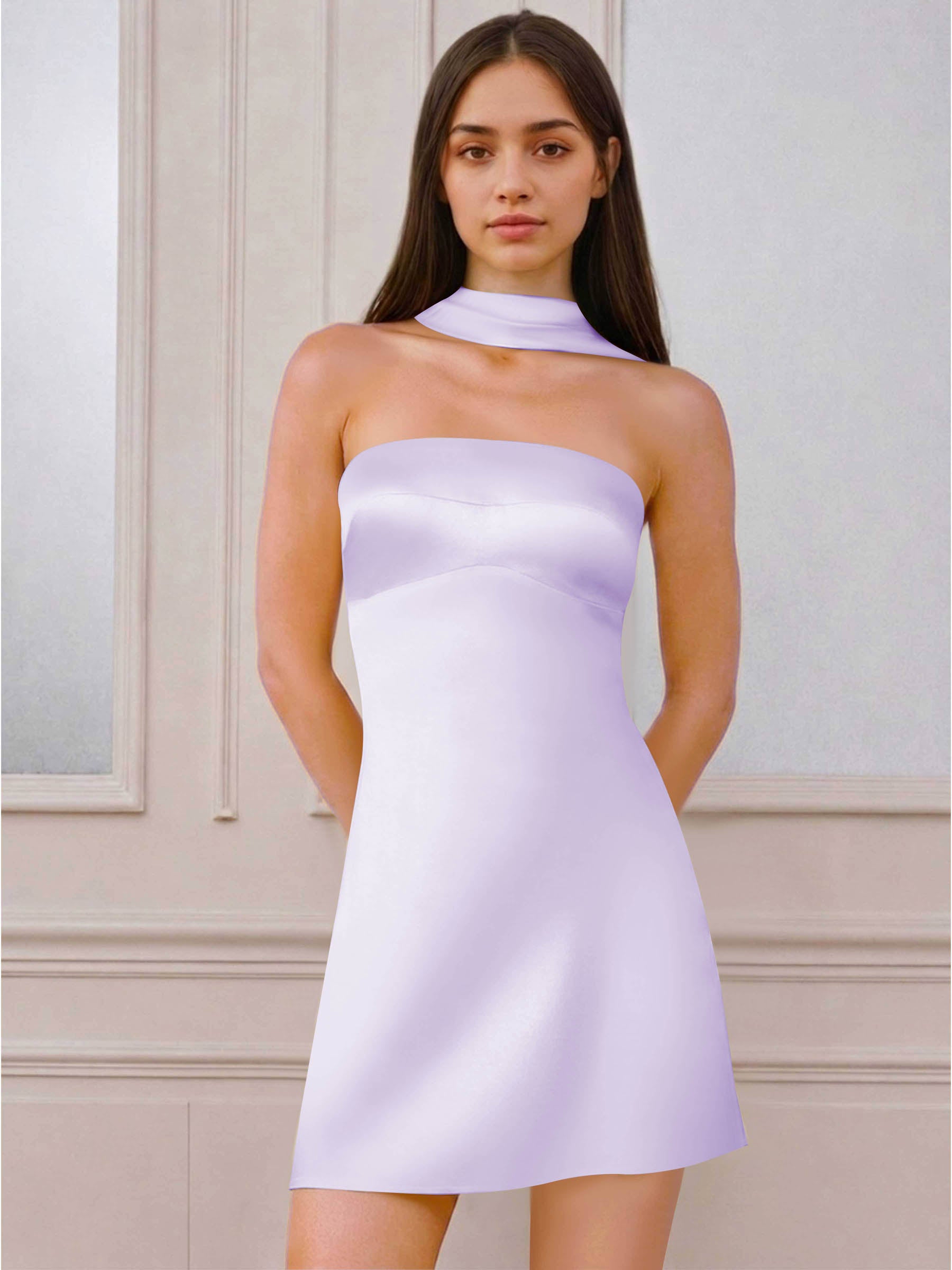 ROVDESY A-Line Halter Neck Satin Homecoming Mini Dress