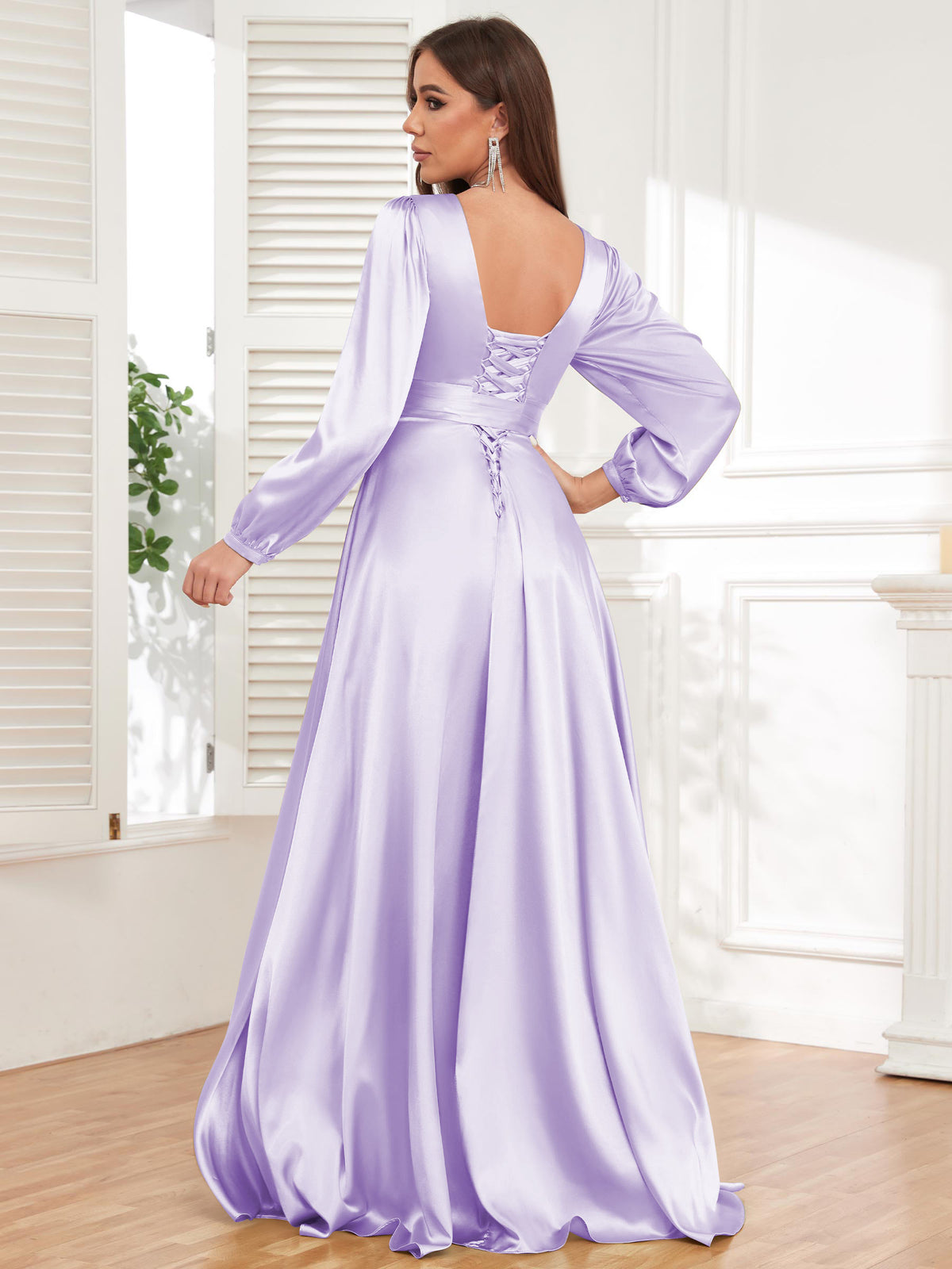 V Neck Satin Long Sleeve Bridesmaid Dress with Slit