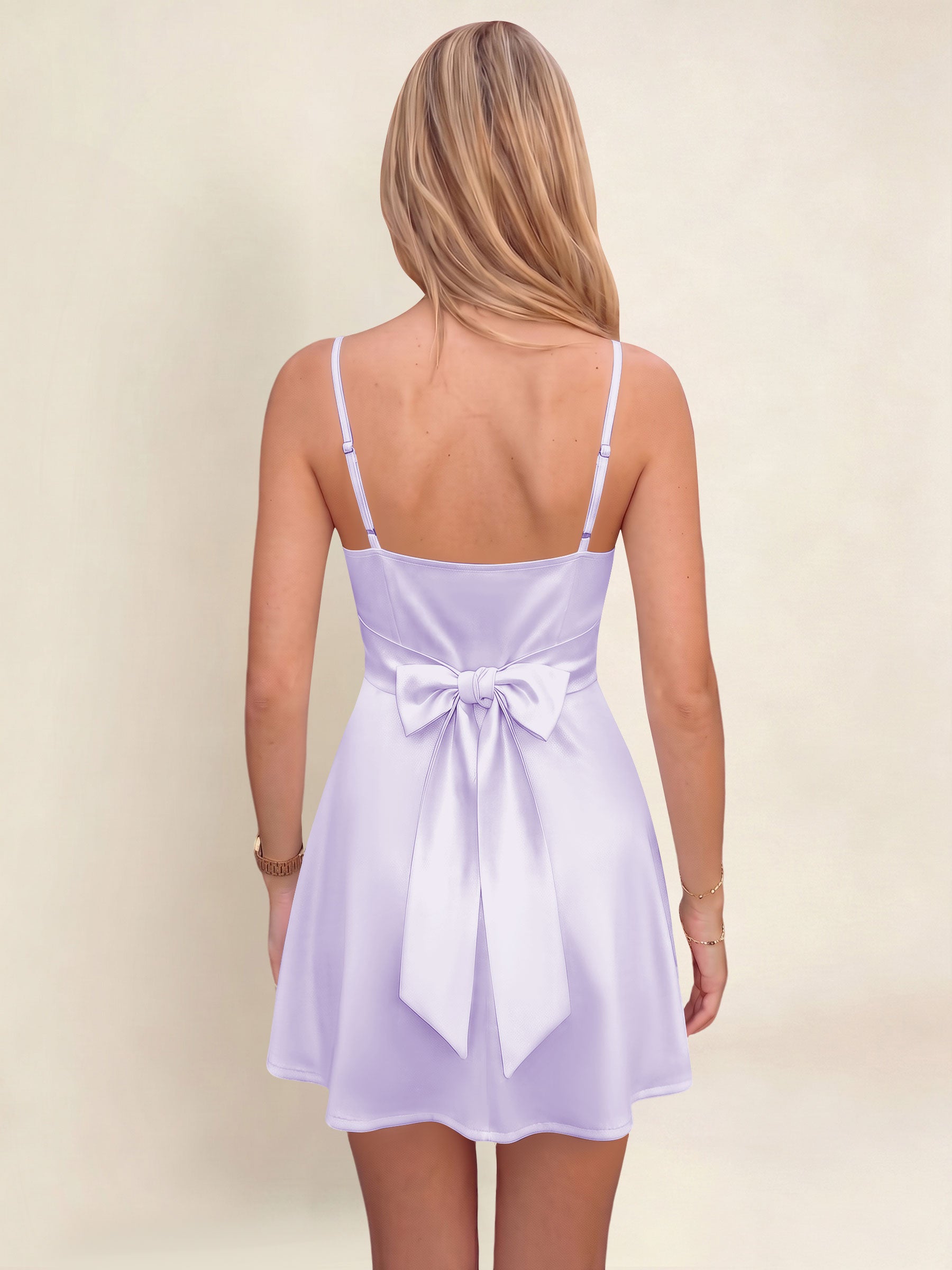 ROVDESY A-Line Spaghetti Strap Cowl Neck Satin Mini Homecoming Dress With Bow