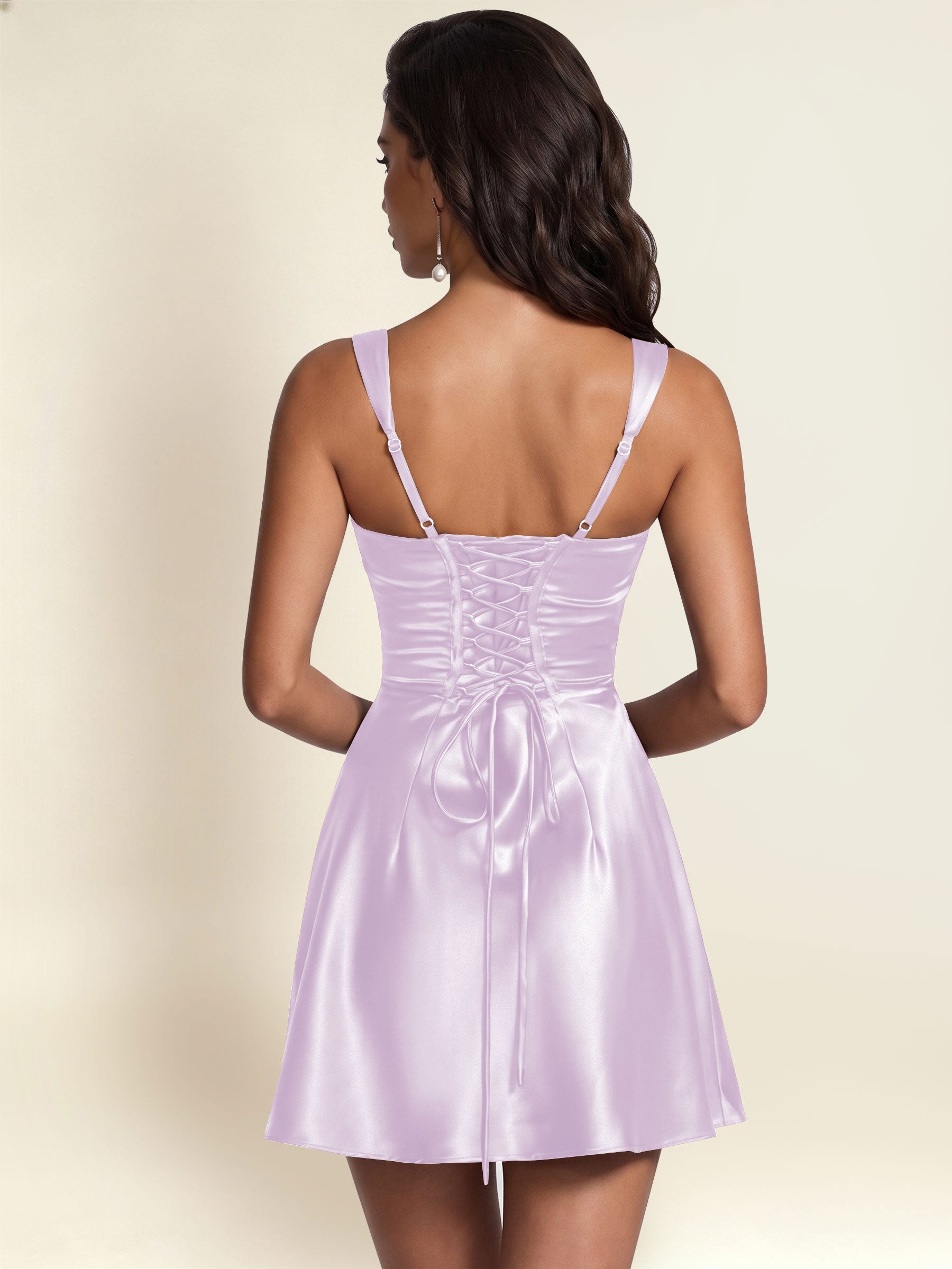 ROVDESY Square Neck Pleated Satin Homecoming Mini Dress