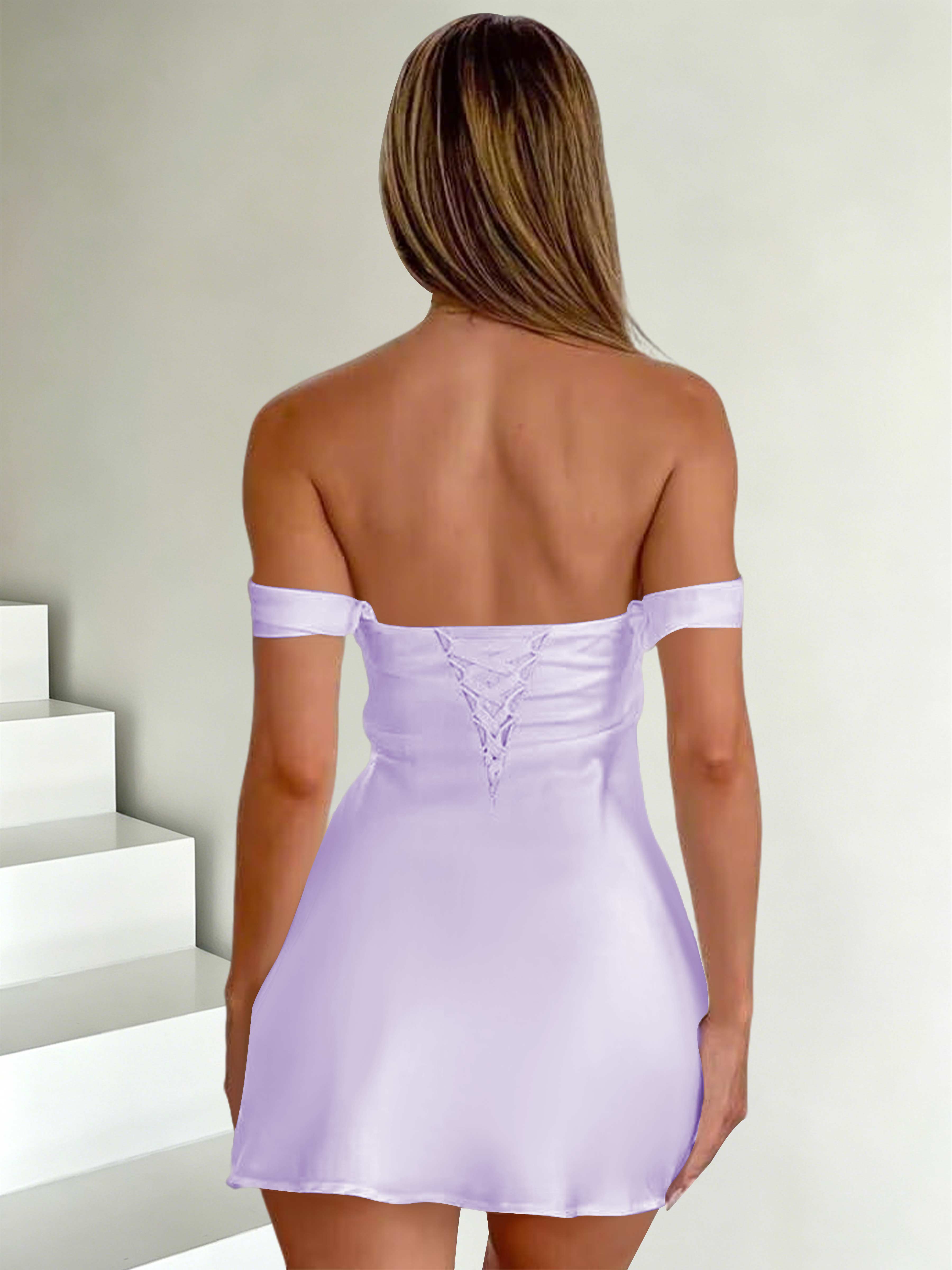 ROVDESY Off The Shoulder A-Line Pleated Satin Homecoming Mini Dress