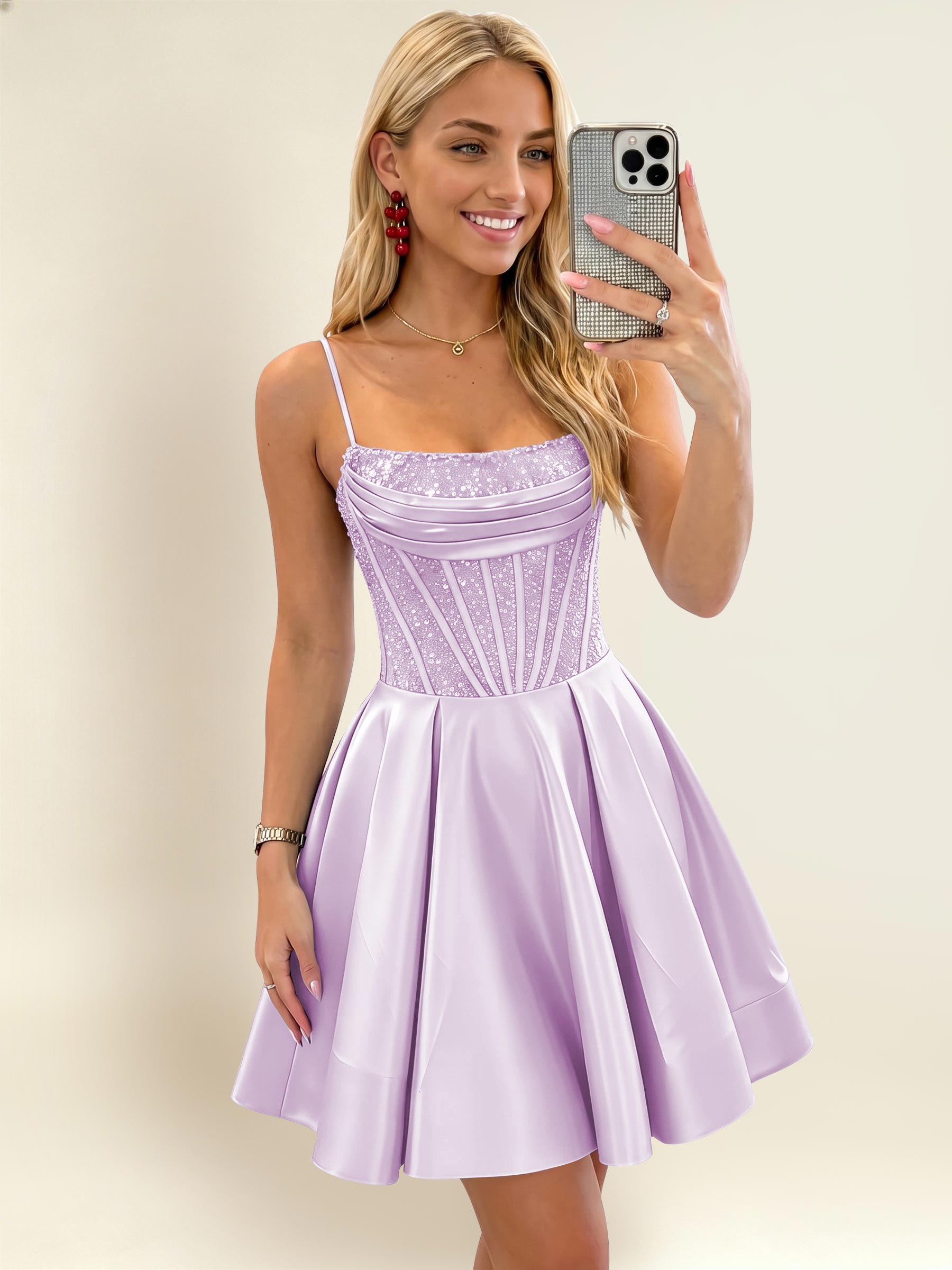 ROVDESY A-Line Spaghetti Strap Sequin Corset Satin Homecoming Mini Dress