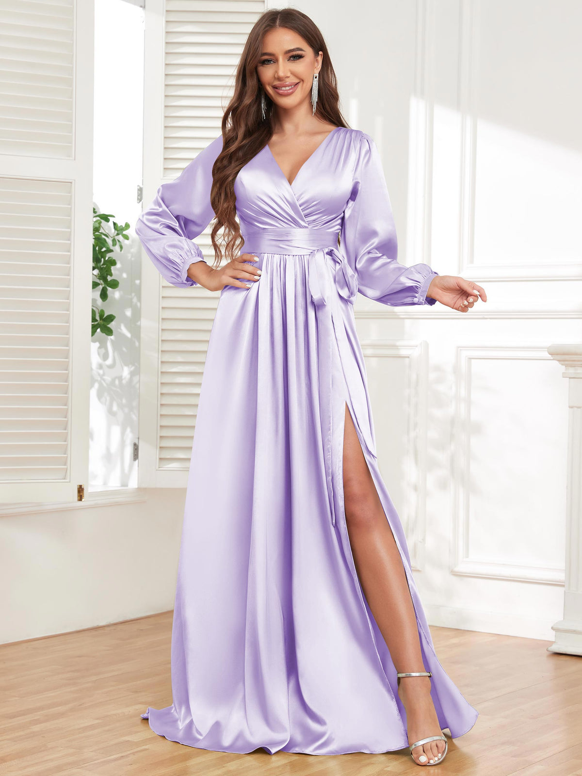 V Neck Satin Long Sleeve Bridesmaid Dress with Slit