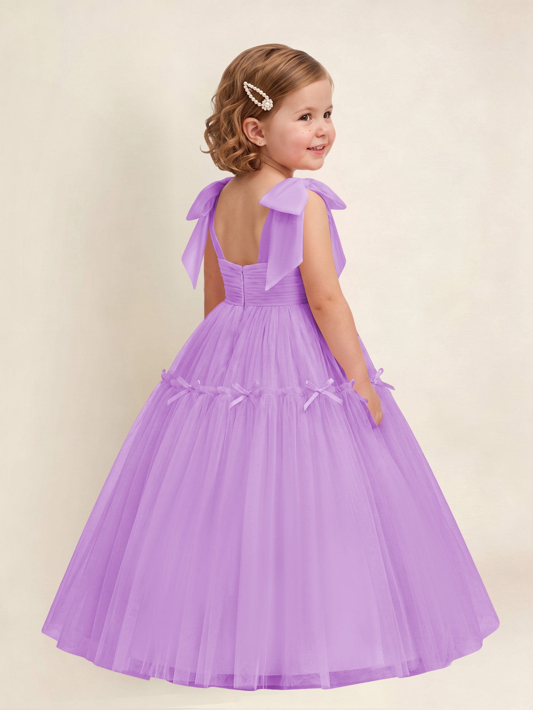 ROVDESY A-Line Tulle Flower Girl Dress With Bow Long Ball Gown Dress
