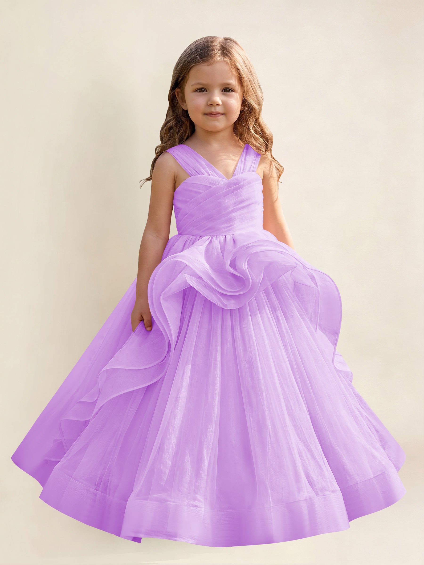 ROVDESY A-Line V-Neck Tulle Flower Girl Dress With Sleeveless Long Ball Gown Dress
