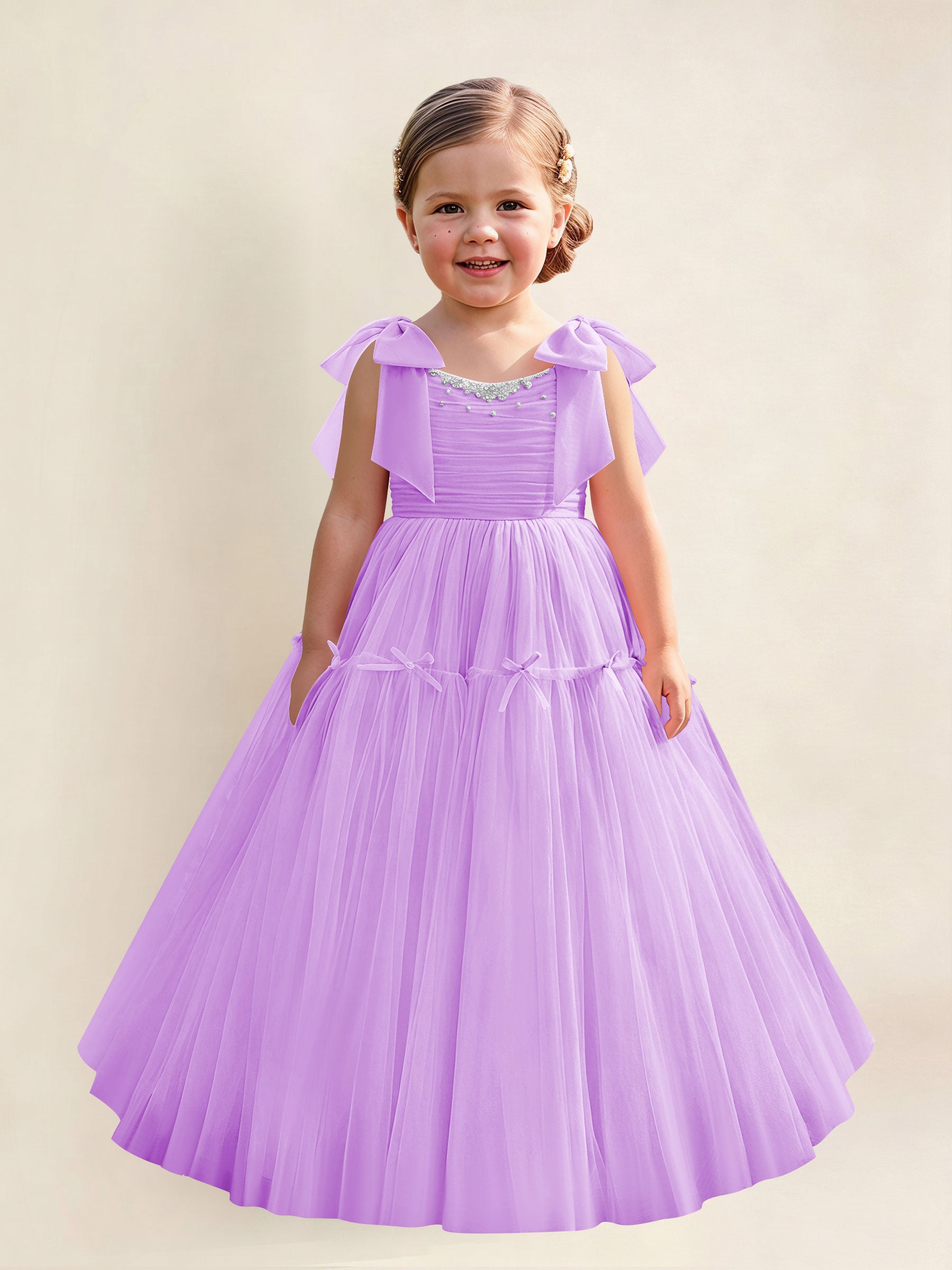 ROVDESY A-Line Tulle Flower Girl Dress With Bow Long Ball Gown Dress