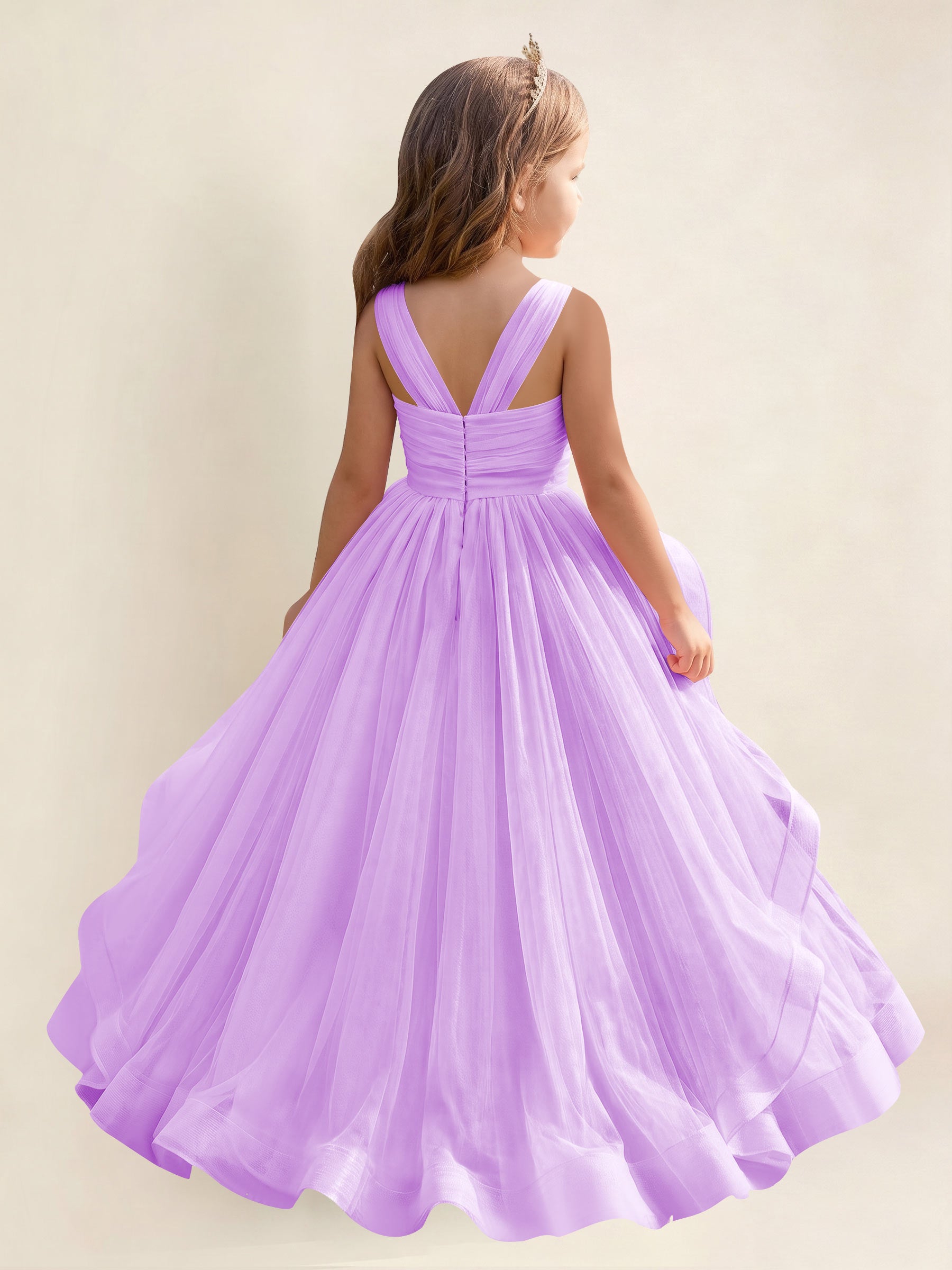 ROVDESY A-Line V-Neck Tulle Flower Girl Dress With Sleeveless Long Ball Gown Dress