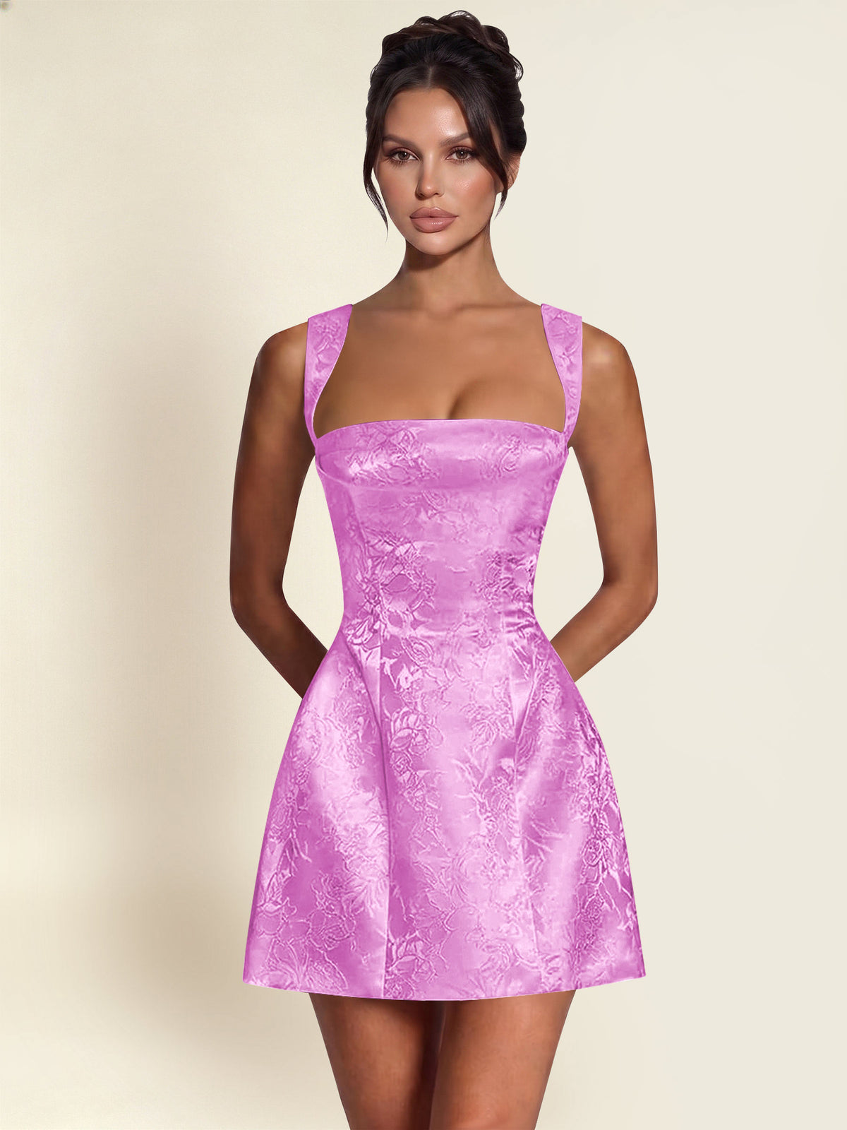 ROVDESY A-Line Square Neck Jacquard Satin Homecoming Mini Dress