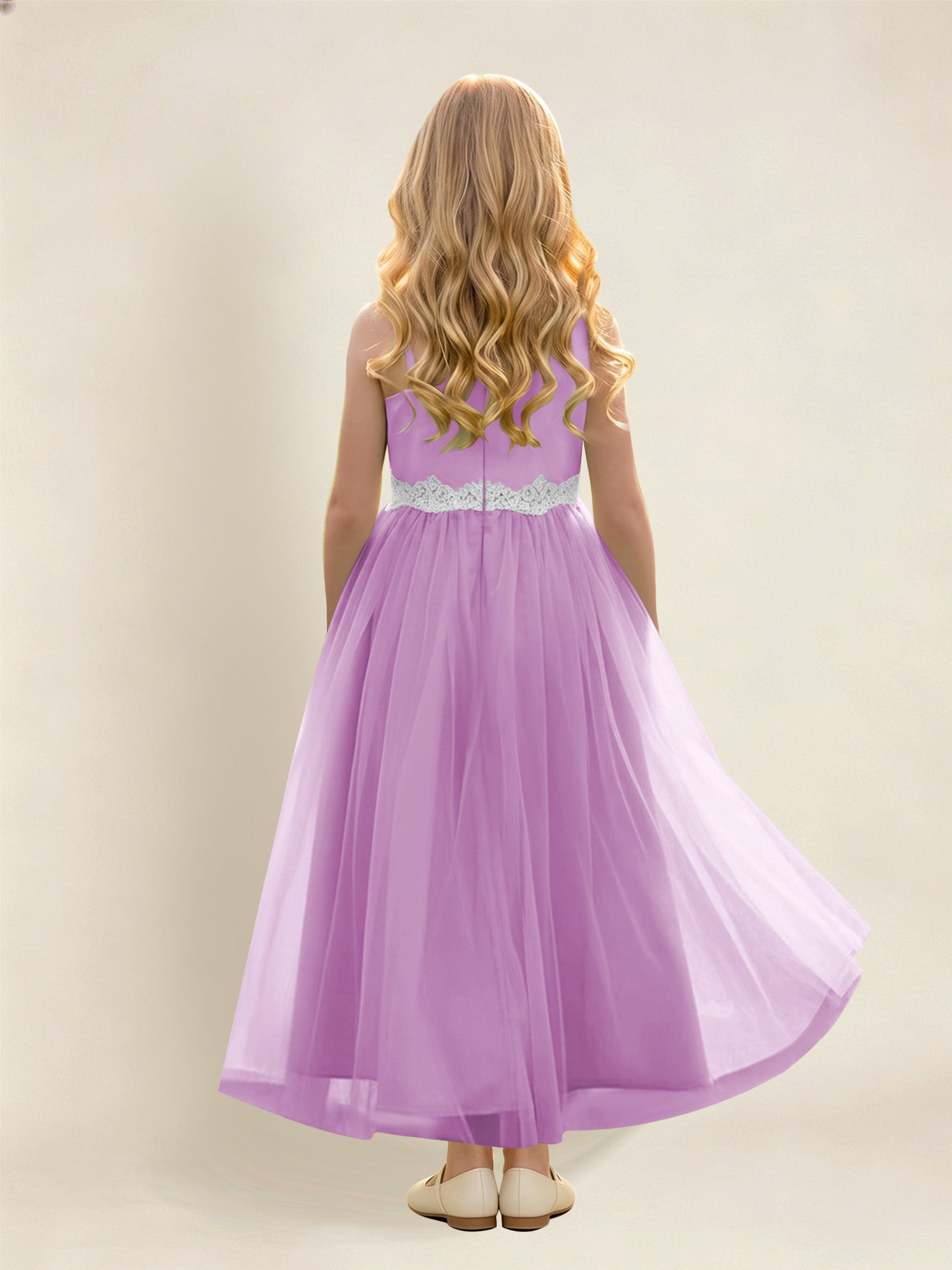 ROVDESY Asymmetric One Shoulder  Satin  Tulle Junior Bridesmaid Dress