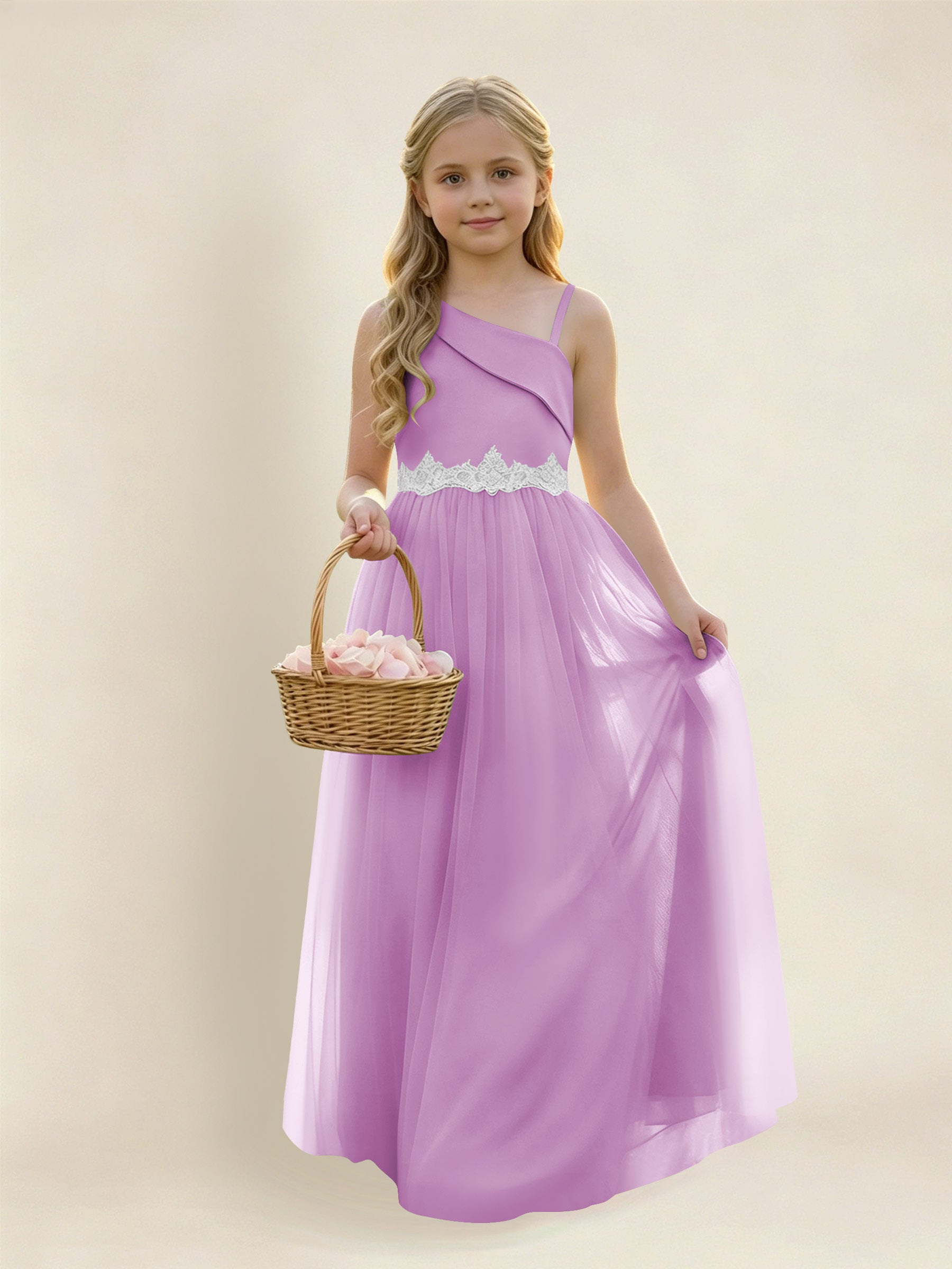 ROVDESY Asymmetric One Shoulder  Satin  Tulle Junior Bridesmaid Dress