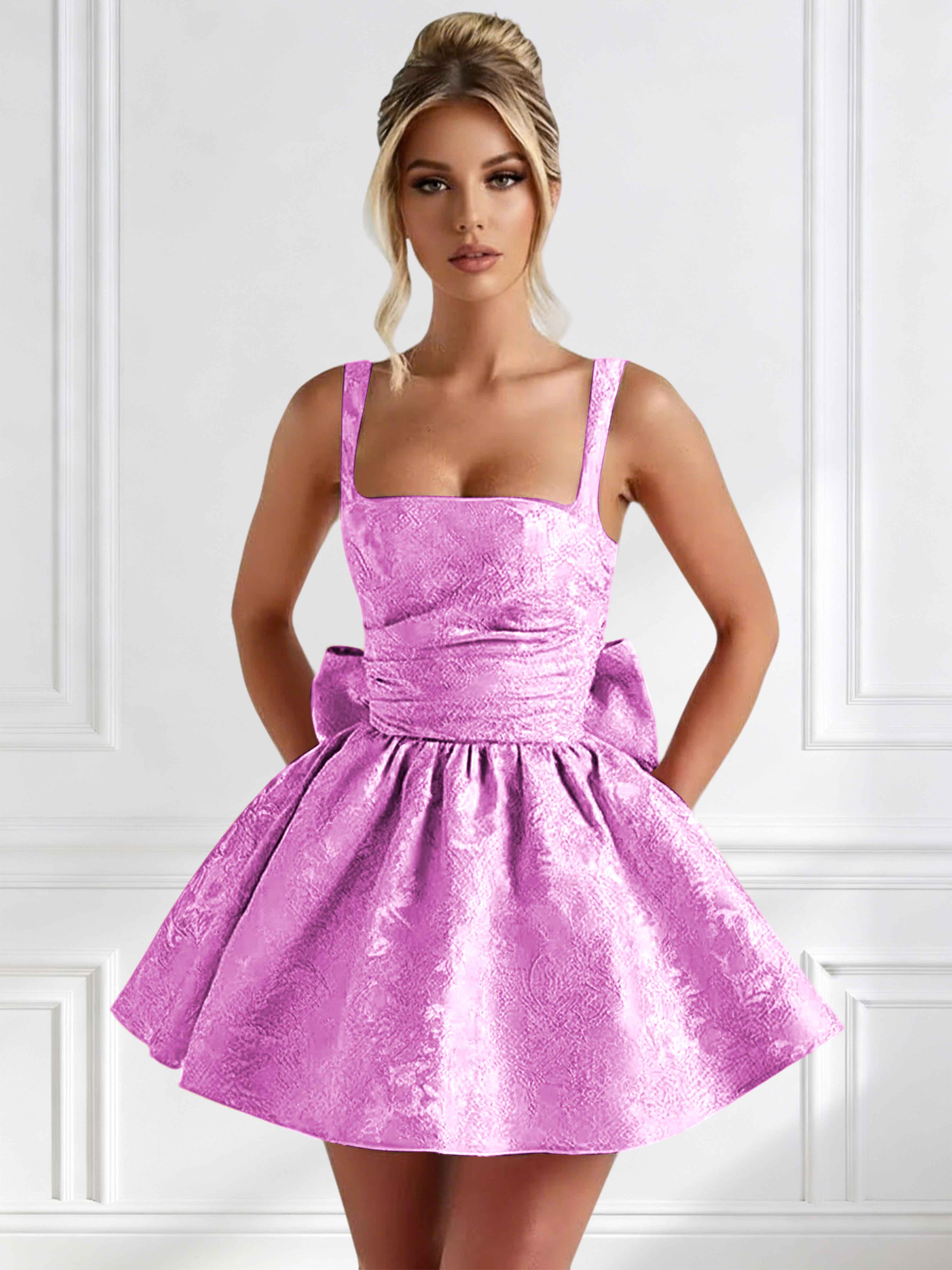 ROVDESY A-Line Square Neck Jacquard Satin Homecoming Mini Dress With Big Bow