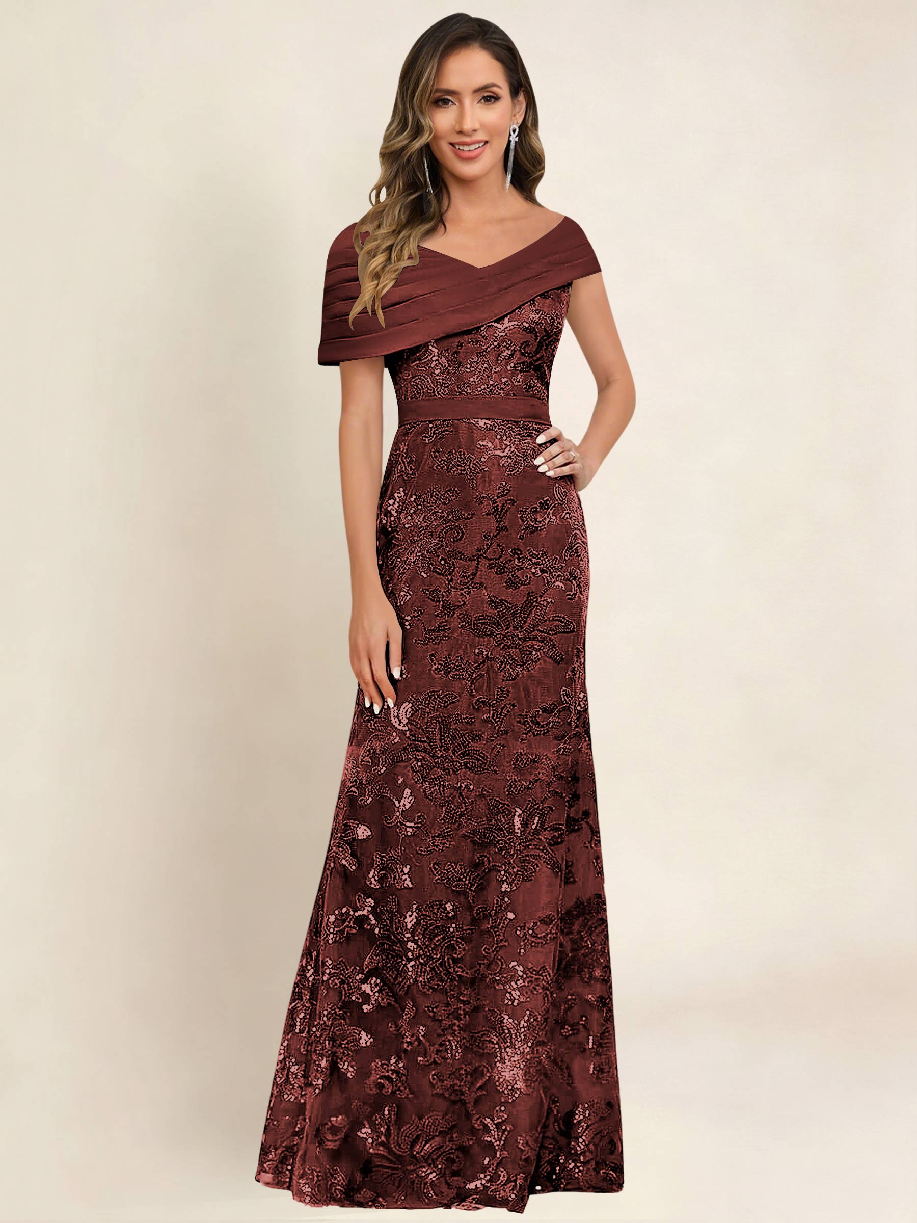 ROVDESY Off the Shoulder Sequin Mermaid Long Mother Of The Bride Dress Formal Gown
