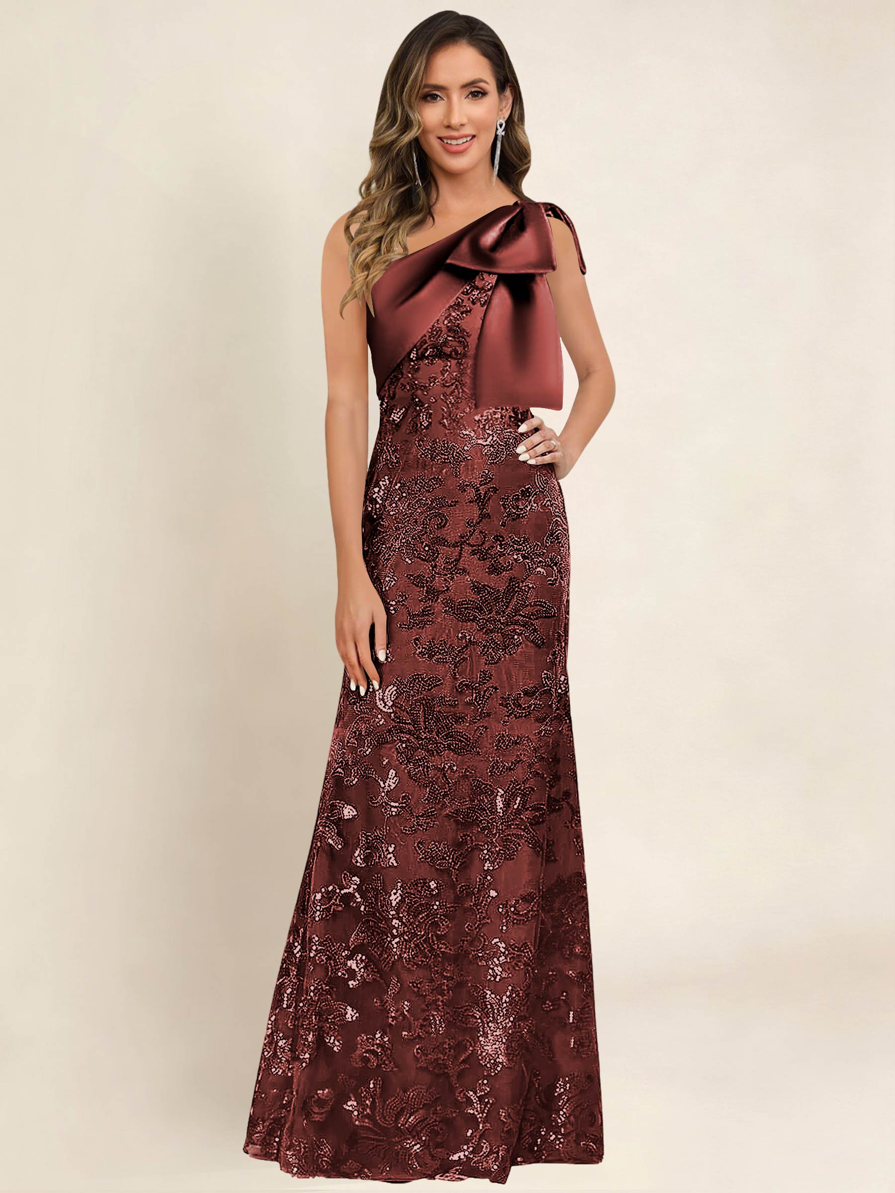 ROVDESY One Shoulder Sequin Mermaid Long Mother Of The Bride Dress Formal Gown With Bow