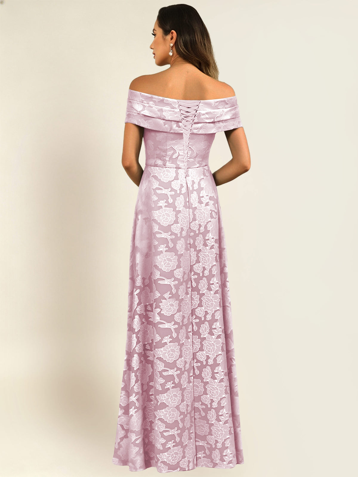 ROVDESY Off the Shoulder Floral Jacquard A-Line Long Mother of the Bride Dress
