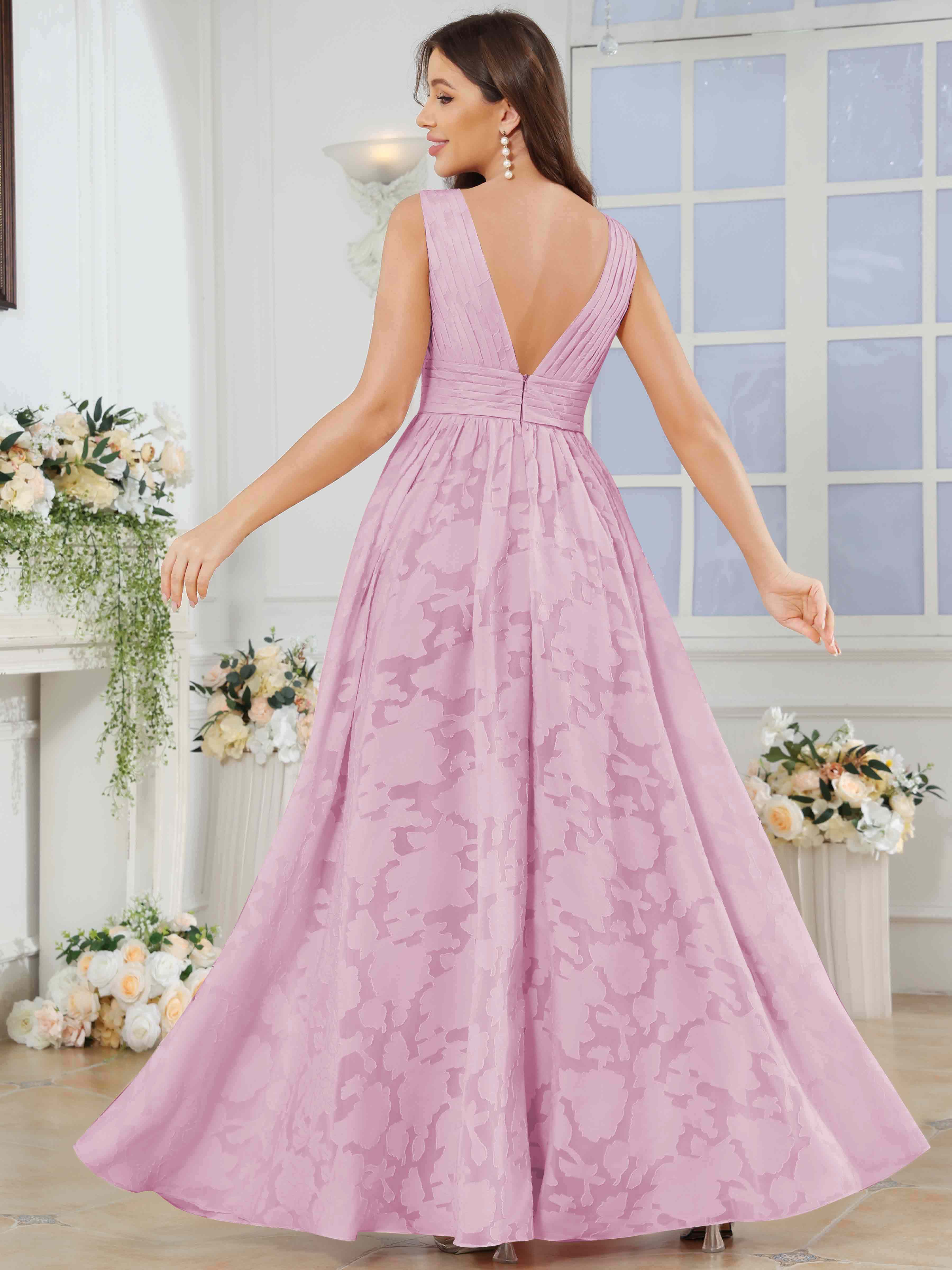 ROVDESY A-Line V-Neck Pleated Chiffon Jacquard Bridesmaid/Peom Dress With Slit