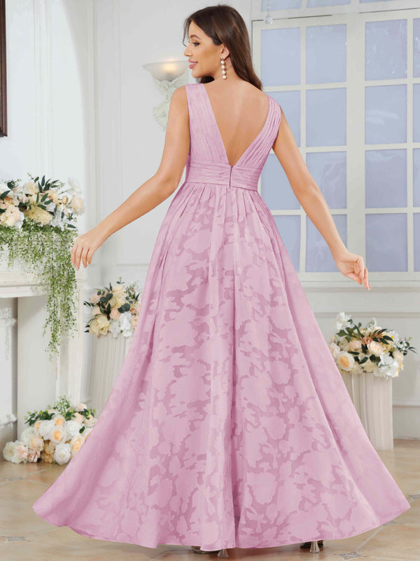 A-Line V-Neck Pleated Chiffon Jacquard Bridesmaid/Prom Dress With Slit