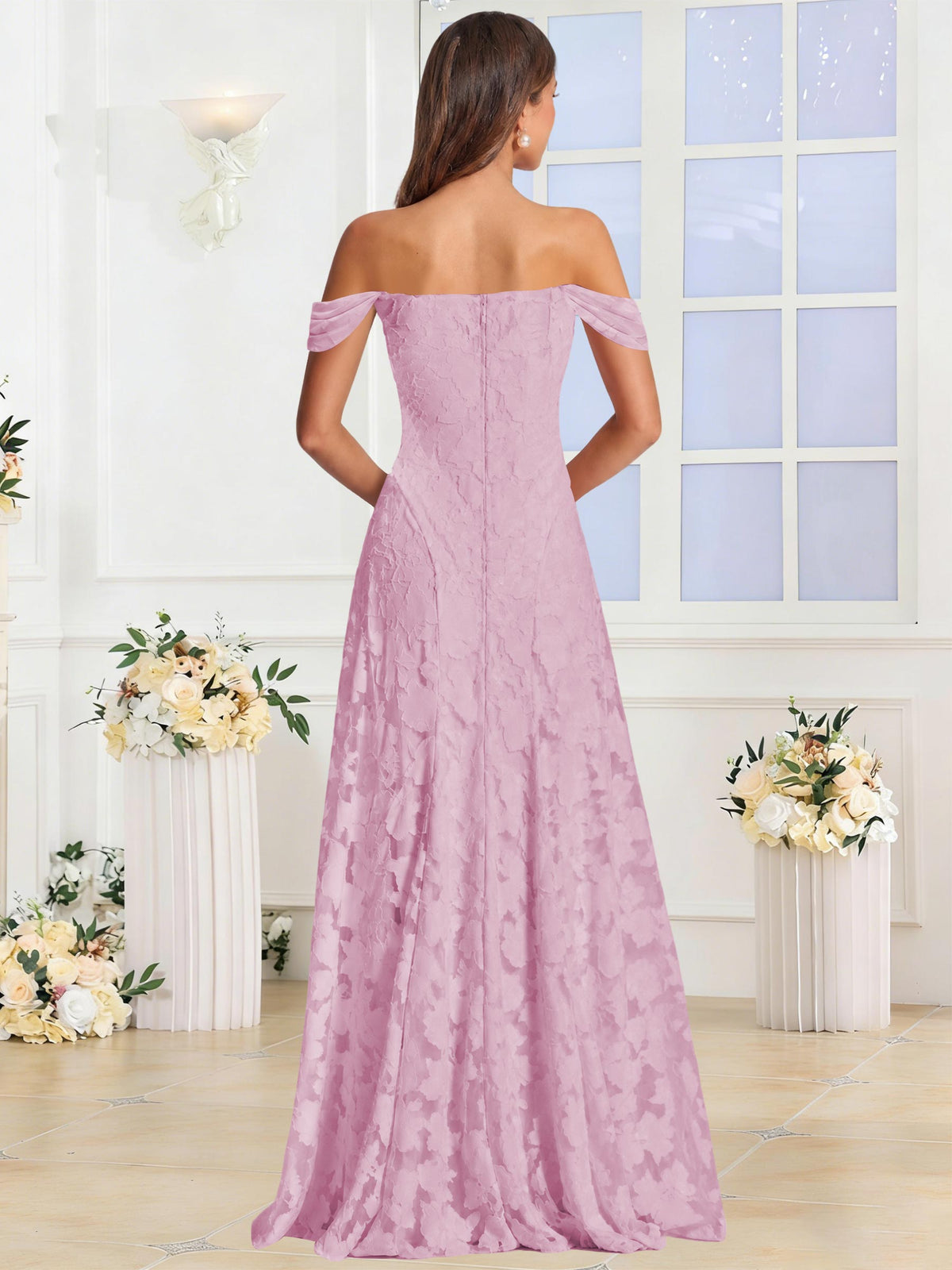 Off the Shoulder Floral Ruched A-line Bridesmaid Dress