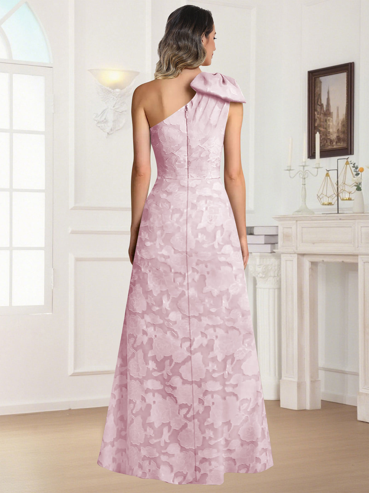 One Shoulder Floral Jacquard Mother of the Bride Dress