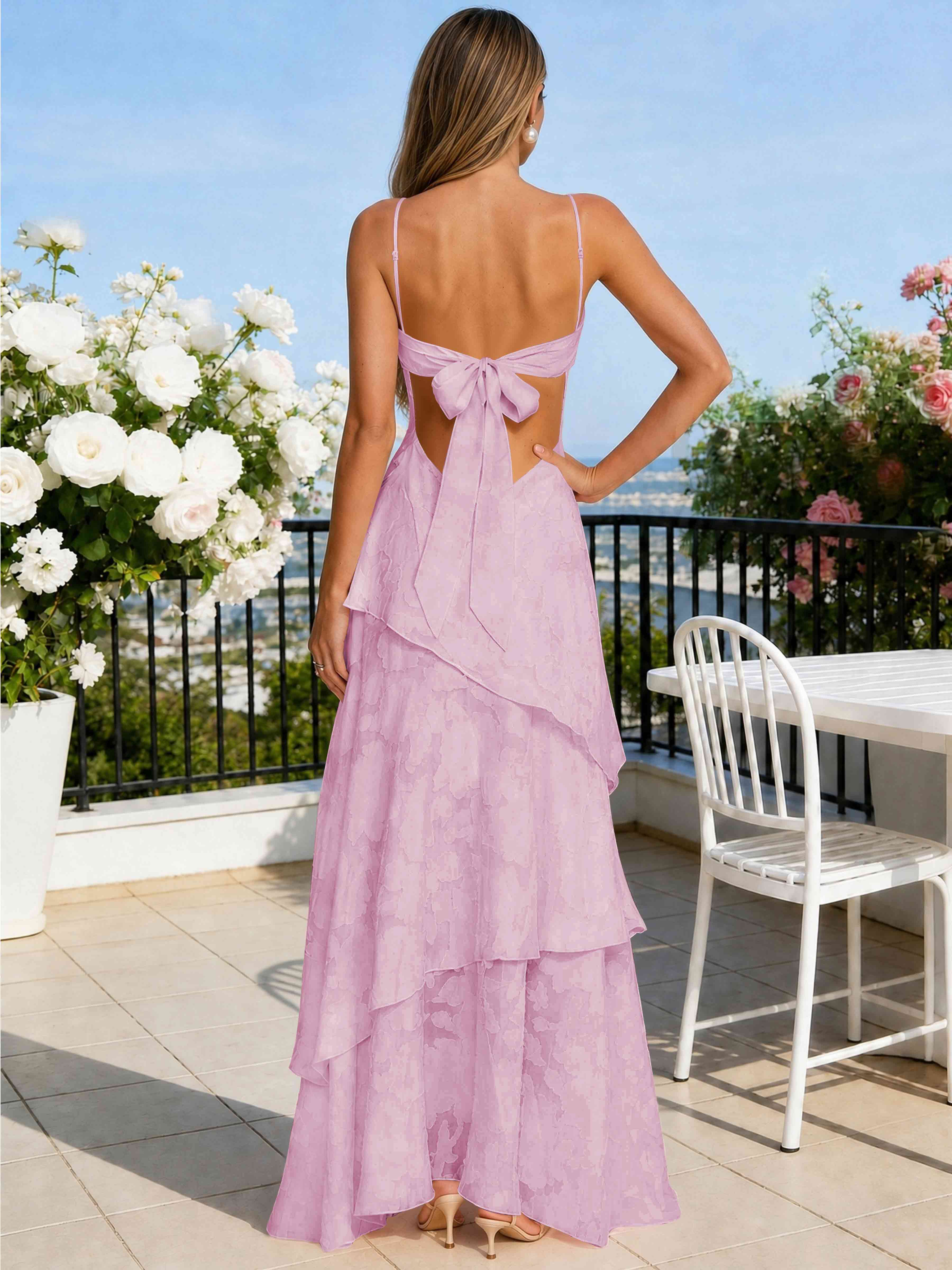 ROVDESY Spaghetti Strap V-Neck Chiffon Jacquard Tiered Ruffle Long Bridesmaid/Prom Dress