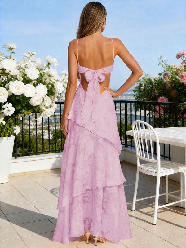 Spaghetti Strap V-Neck Chiffon Jacquard Tiered Ruffle Long Bridesmaid/Prom Dress
