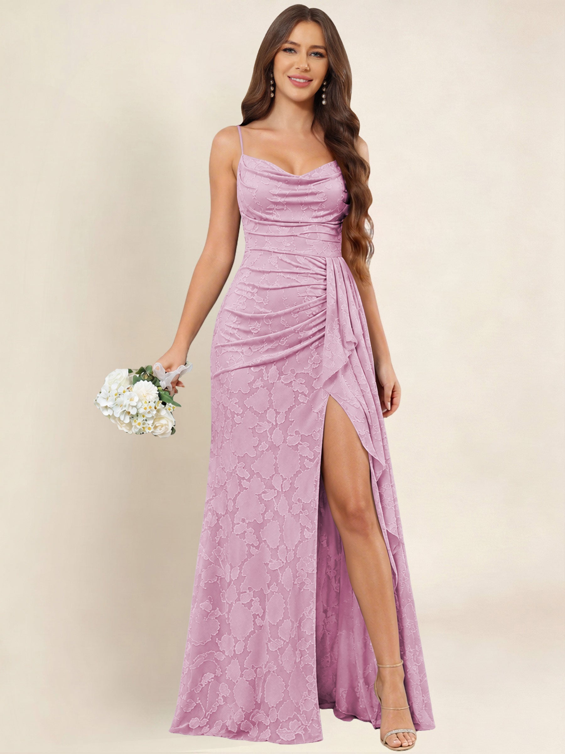 ROVDESY  Cowl Neck Ruffle Mermaid Chiffon Jacquard Bridesmaid/Prom Dress With Slit