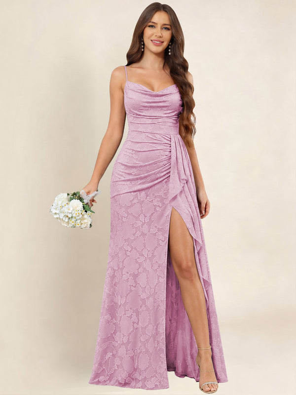 Cowl Neck Ruffle Mermaid Chiffon Jacquard Bridesmaid/Prom Dress With Slit
