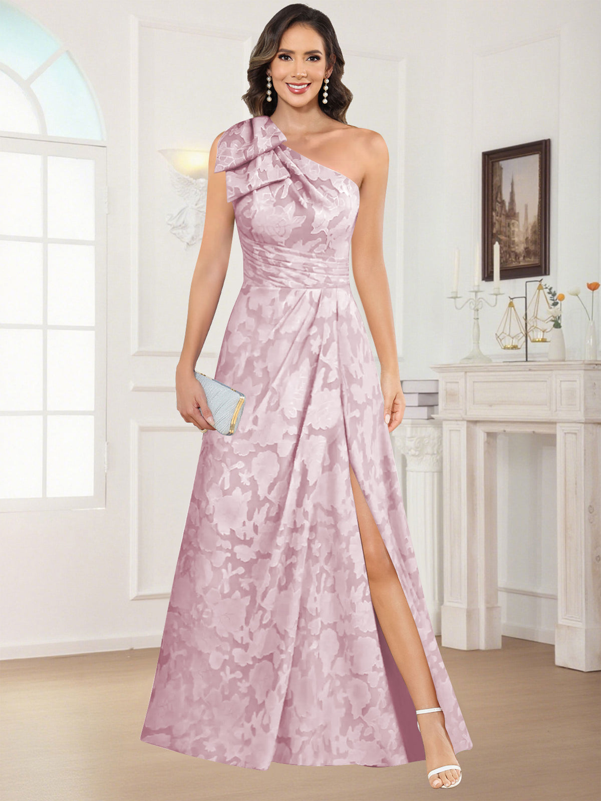 One Shoulder Floral Jacquard Mother of the Bride Dress