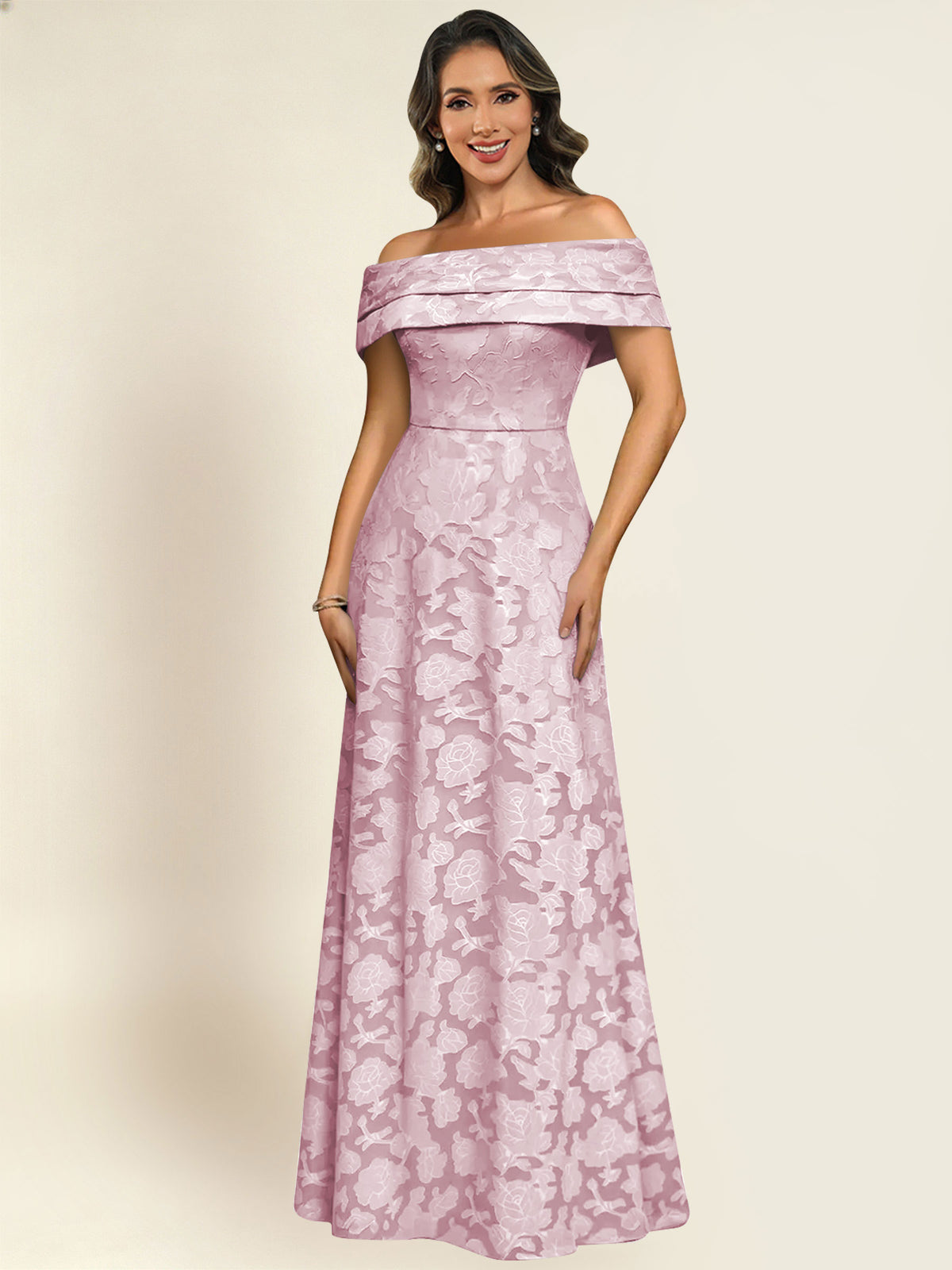 ROVDESY Off the Shoulder Floral Jacquard A-Line Long Mother of the Bride Dress