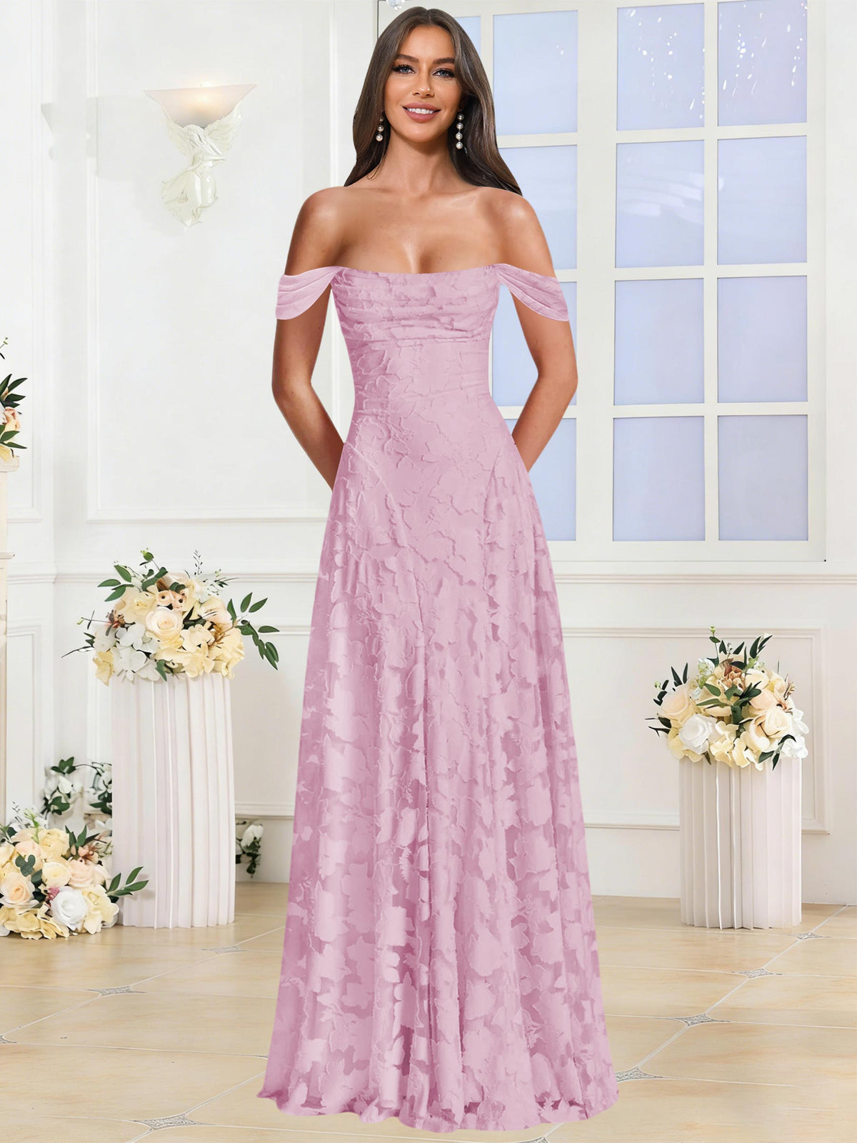 Off the Shoulder Floral Ruched A-line Bridesmaid Dress