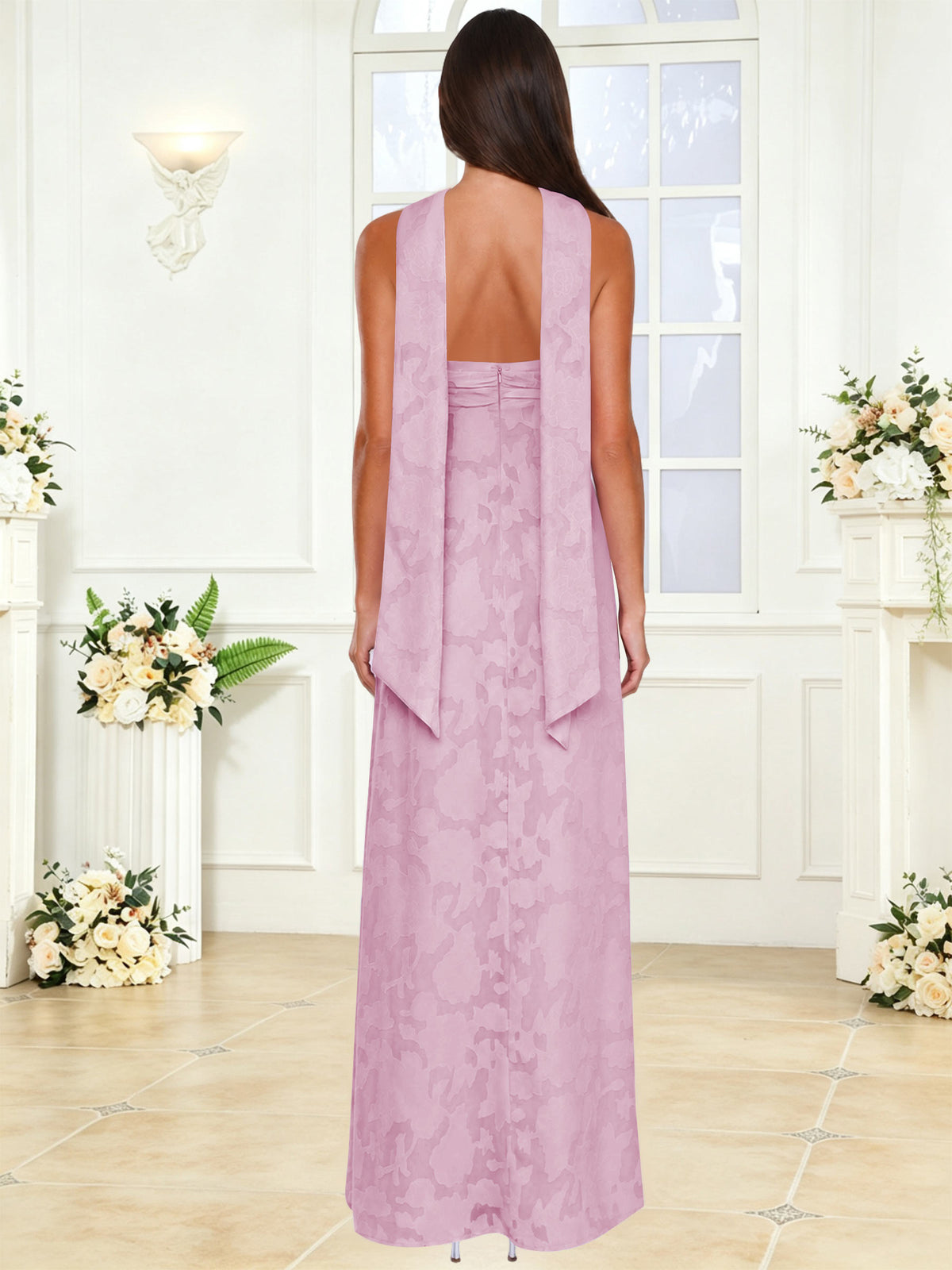 Spaghetti Strap Ruched Floral Jacquard A Line Bridesmaid Dress with Scarf
