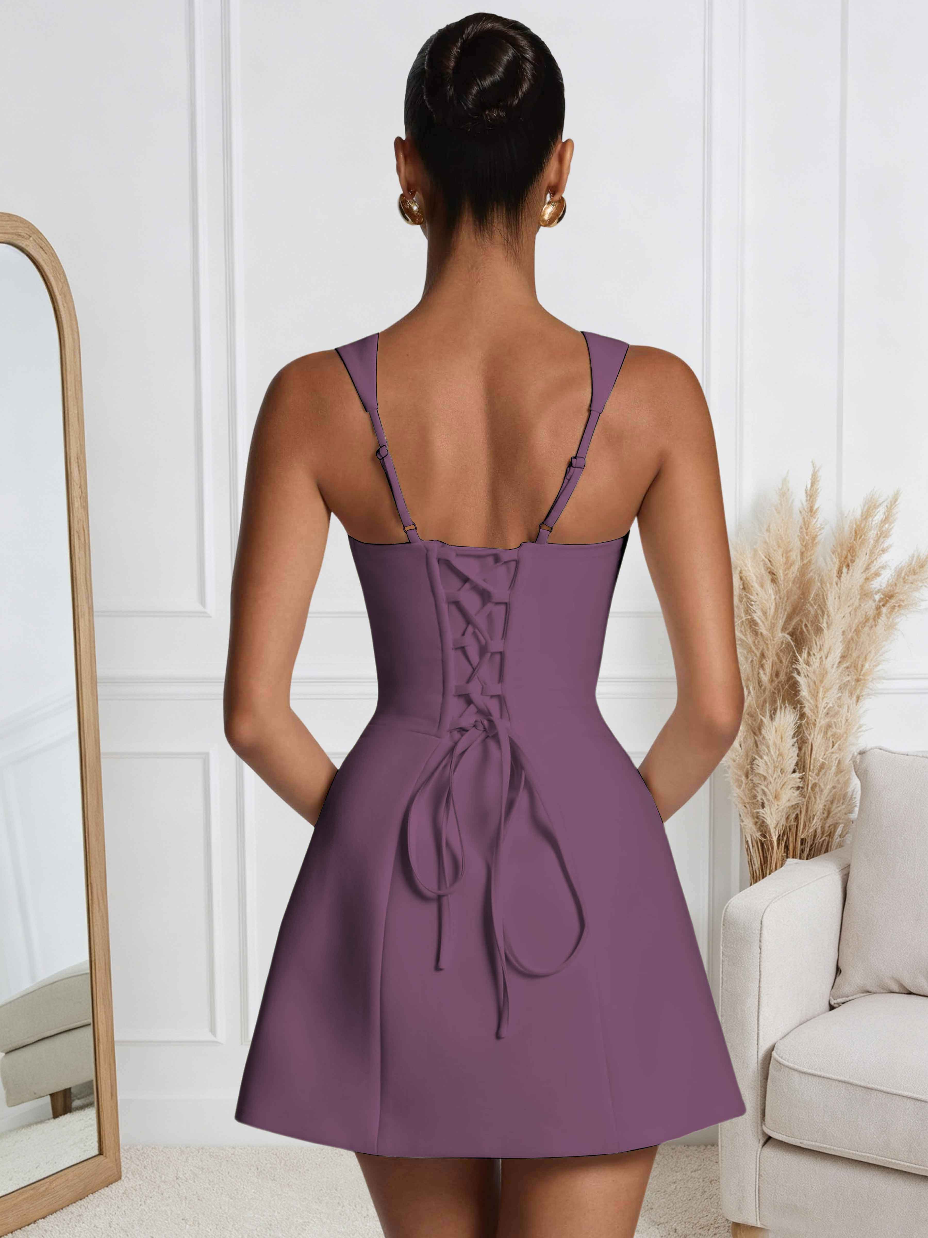 ROVDESY A-Line Square Neck Satin Homecoming Mini Dress