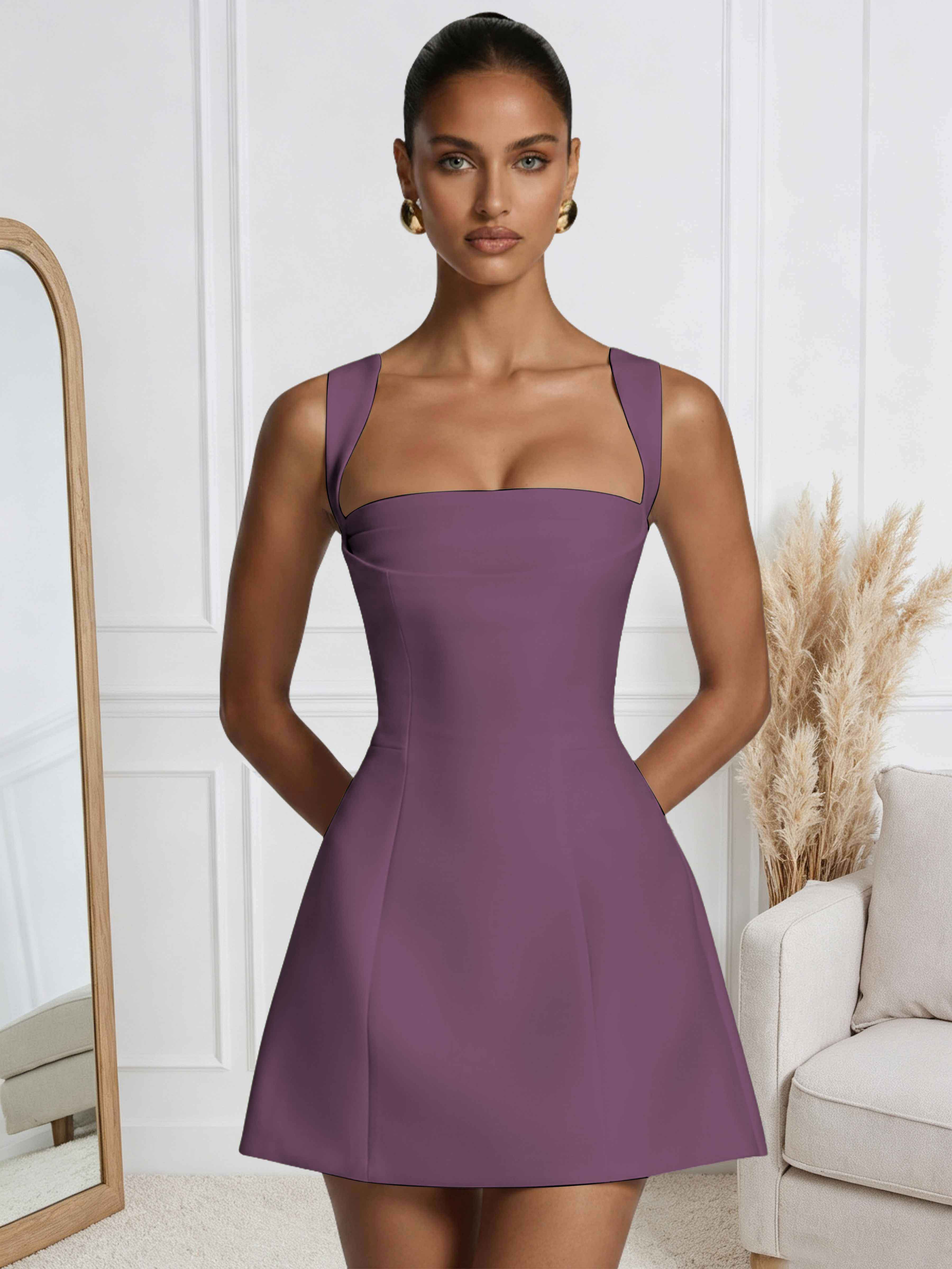 ROVDESY A-Line Square Neck Satin Homecoming Mini Dress