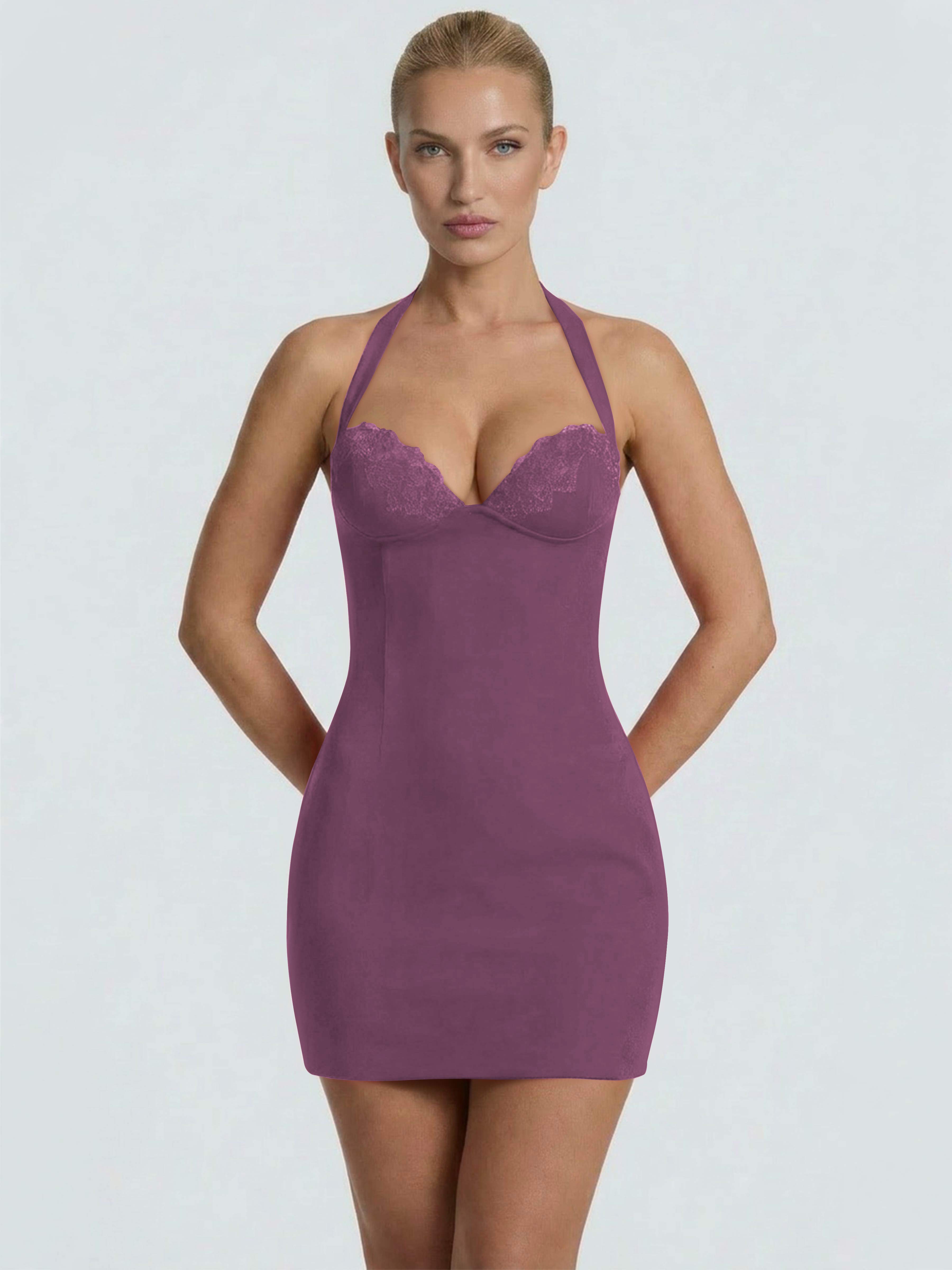 ROVDESY Halter Lace Satin Tight Homecoming Mini Dress