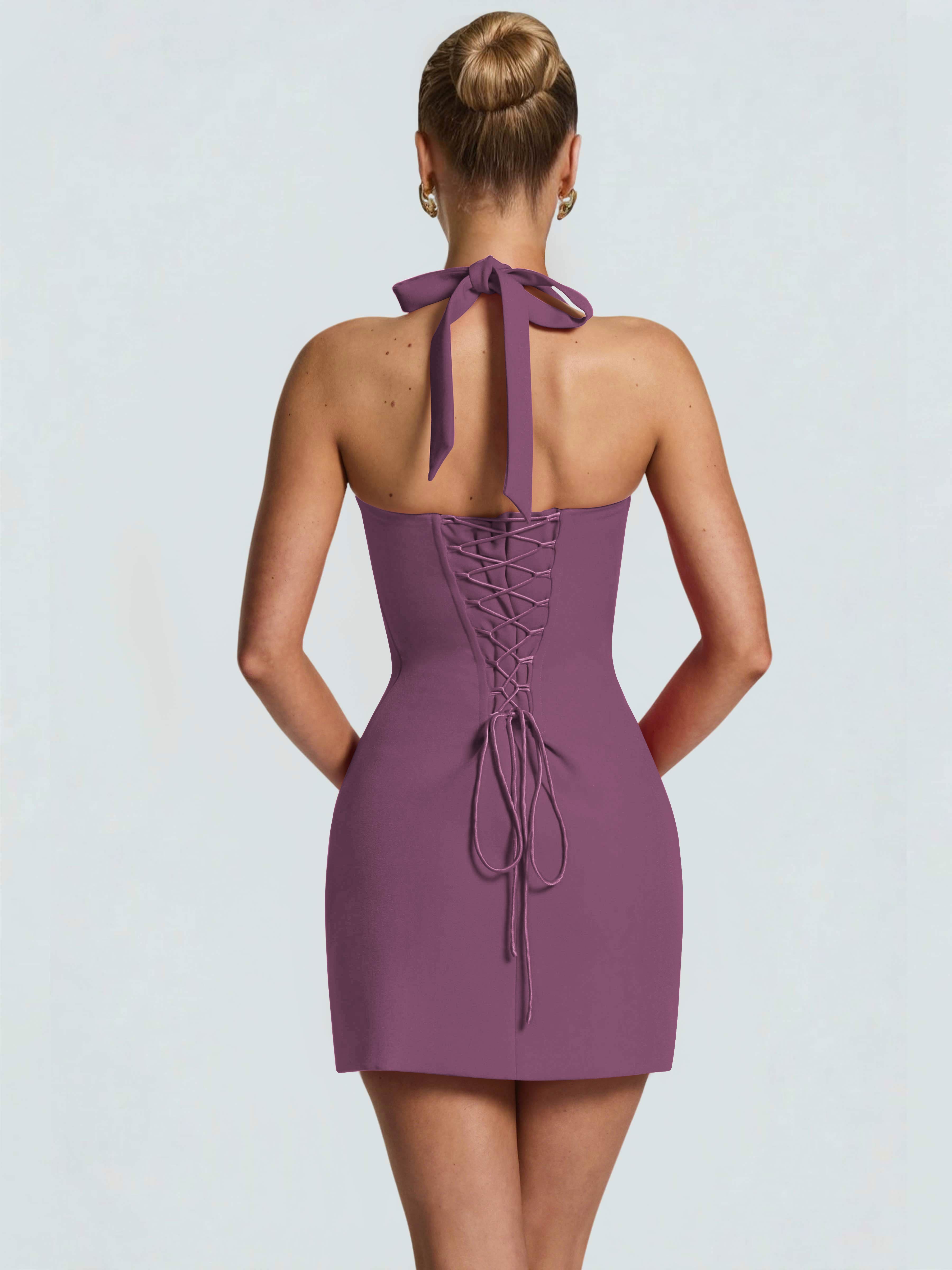 ROVDESY Halter Lace Satin Tight Homecoming Mini Dress